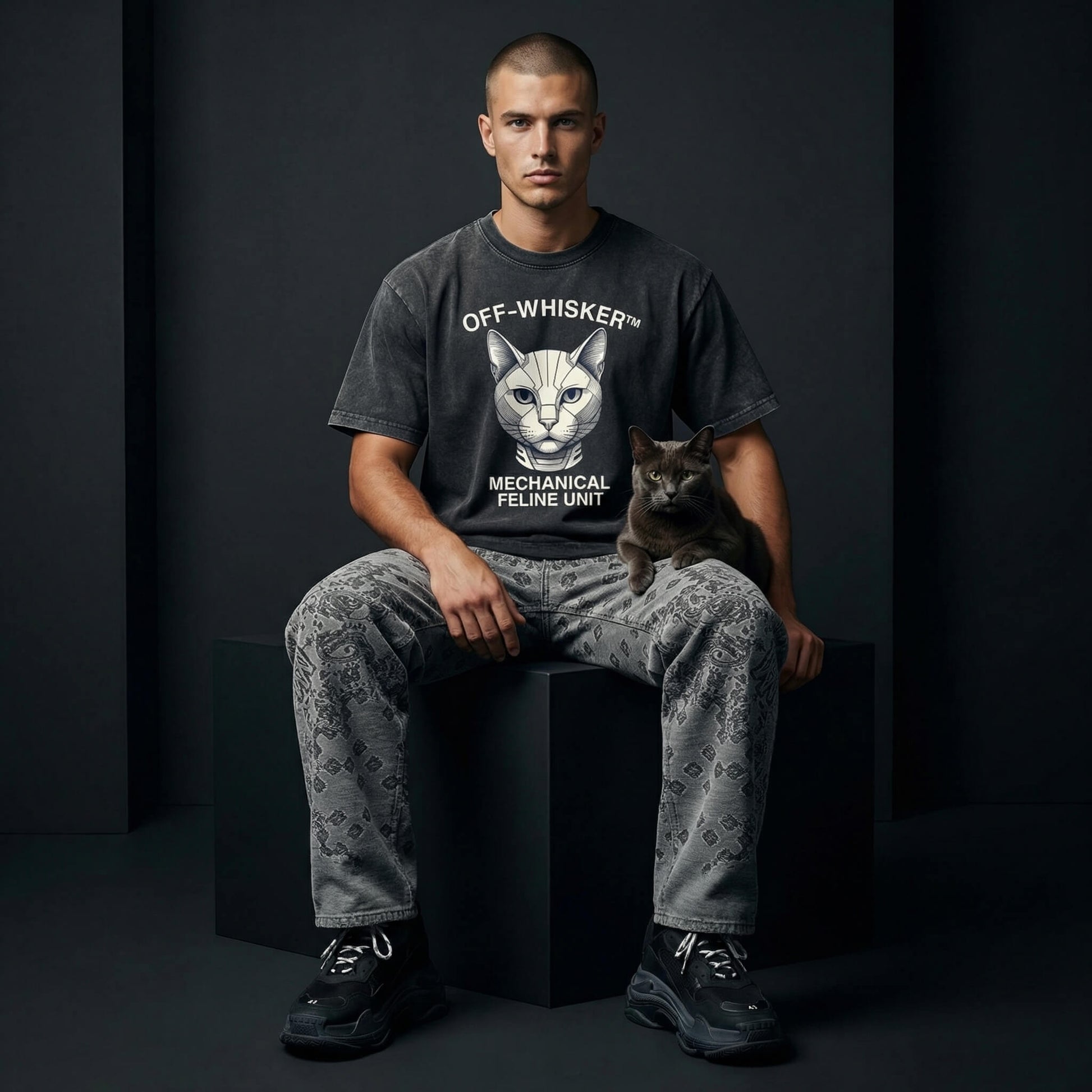 Man wearing Off-Whisker designer parody tee for cat lovers