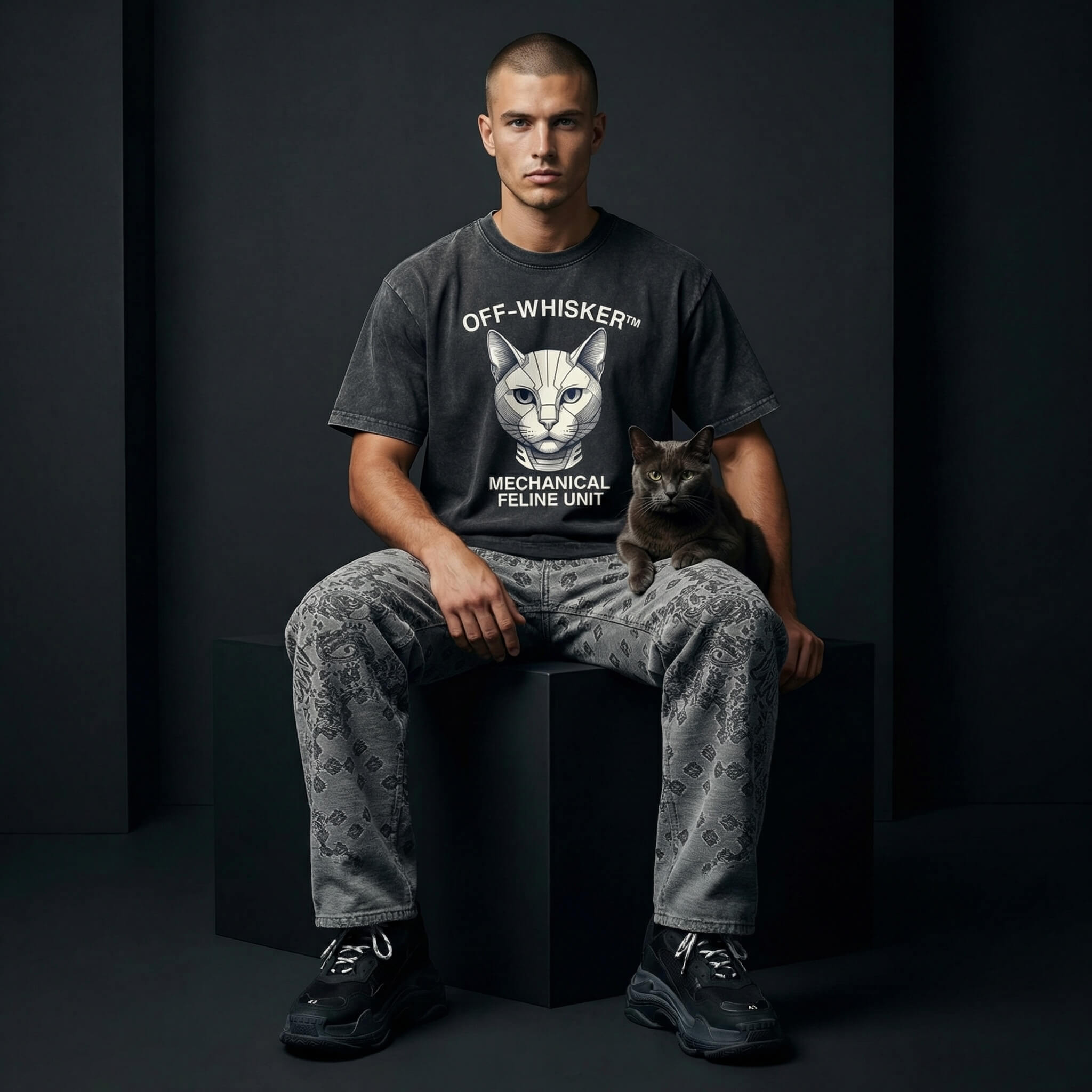 Man wearing Off-Whisker designer parody tee for cat lovers
