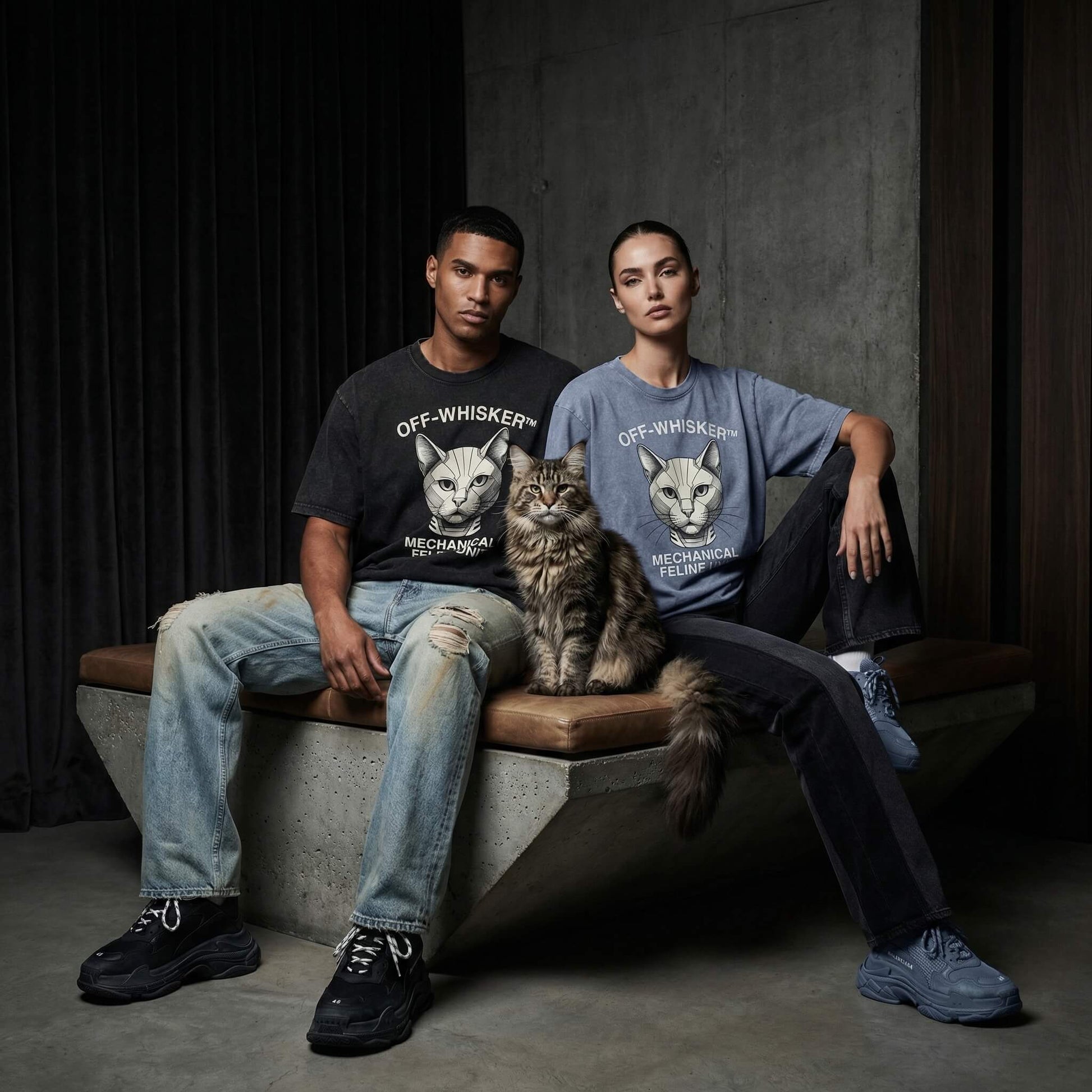 man and woman models wearing off whisker designer washed tee for cat lovers
