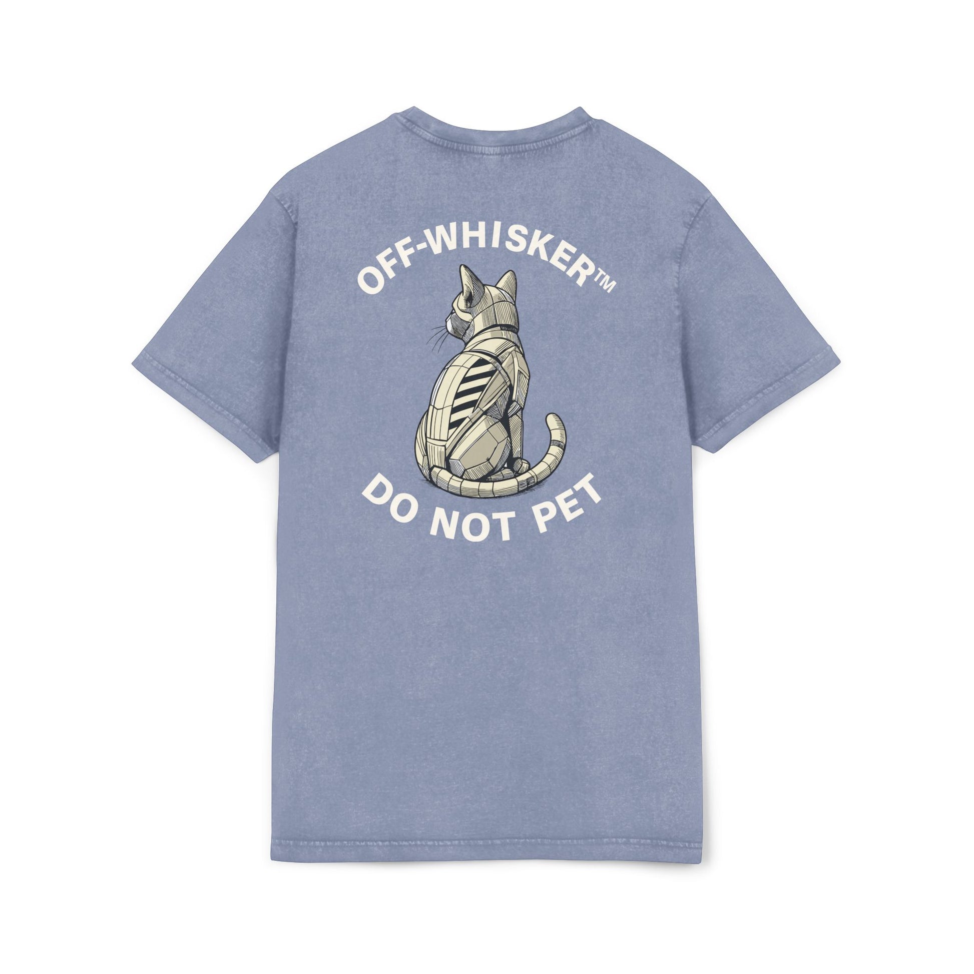 Off-Whisker Mechanical Feline Unit Cat Graphic Acid Washed T-Shirt, vintage blue unisex back view with do not pet design, unique gifts for cat lovers