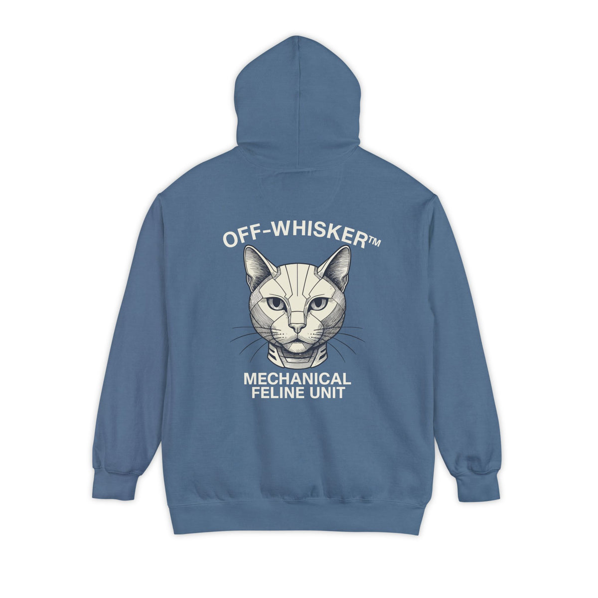 Off-Whisker Mechanical Feline Unit Cat Graphic Hoodie in blue jean, back view