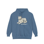 Off-Whisker Mechanical Feline Unit Cat Graphic Hoodie in blue jean, front view