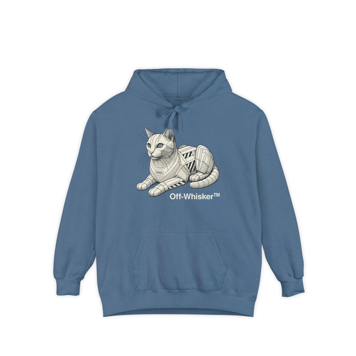 Off-Whisker Mechanical Feline Unit Cat Graphic Hoodie in blue jean, front view
