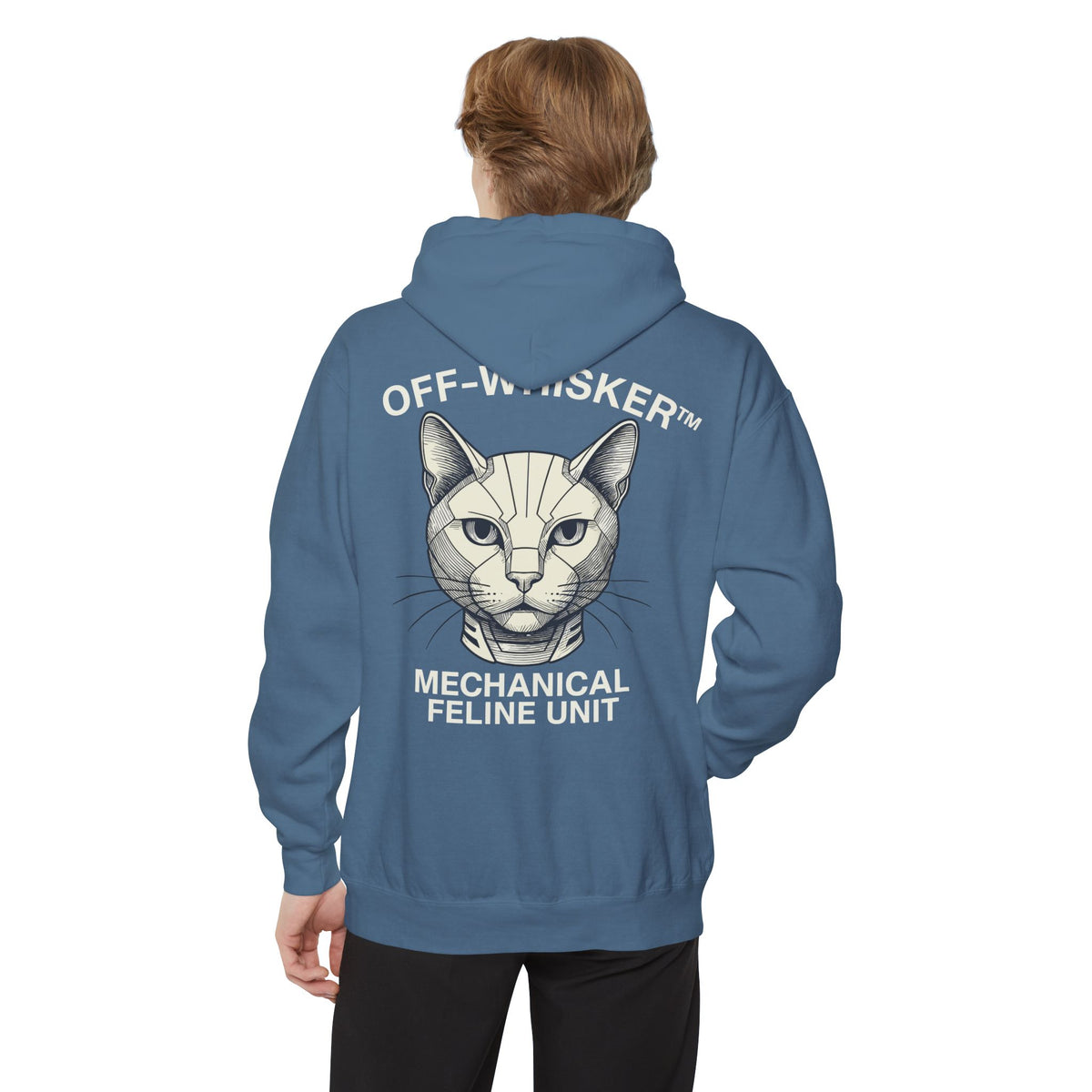 Off-Whisker Mechanical Feline Unit Cat Graphic Hoodie in blue jean, back view on a male model