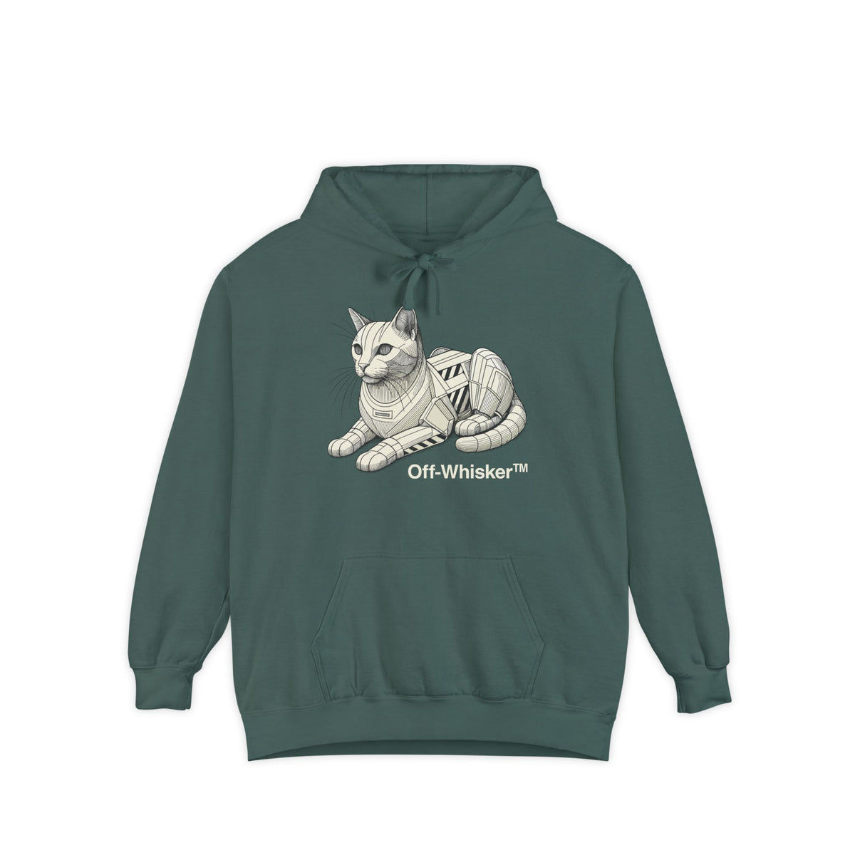Off-Whisker Mechanical Feline Unit Cat Graphic Hoodie in blue spruce, front view