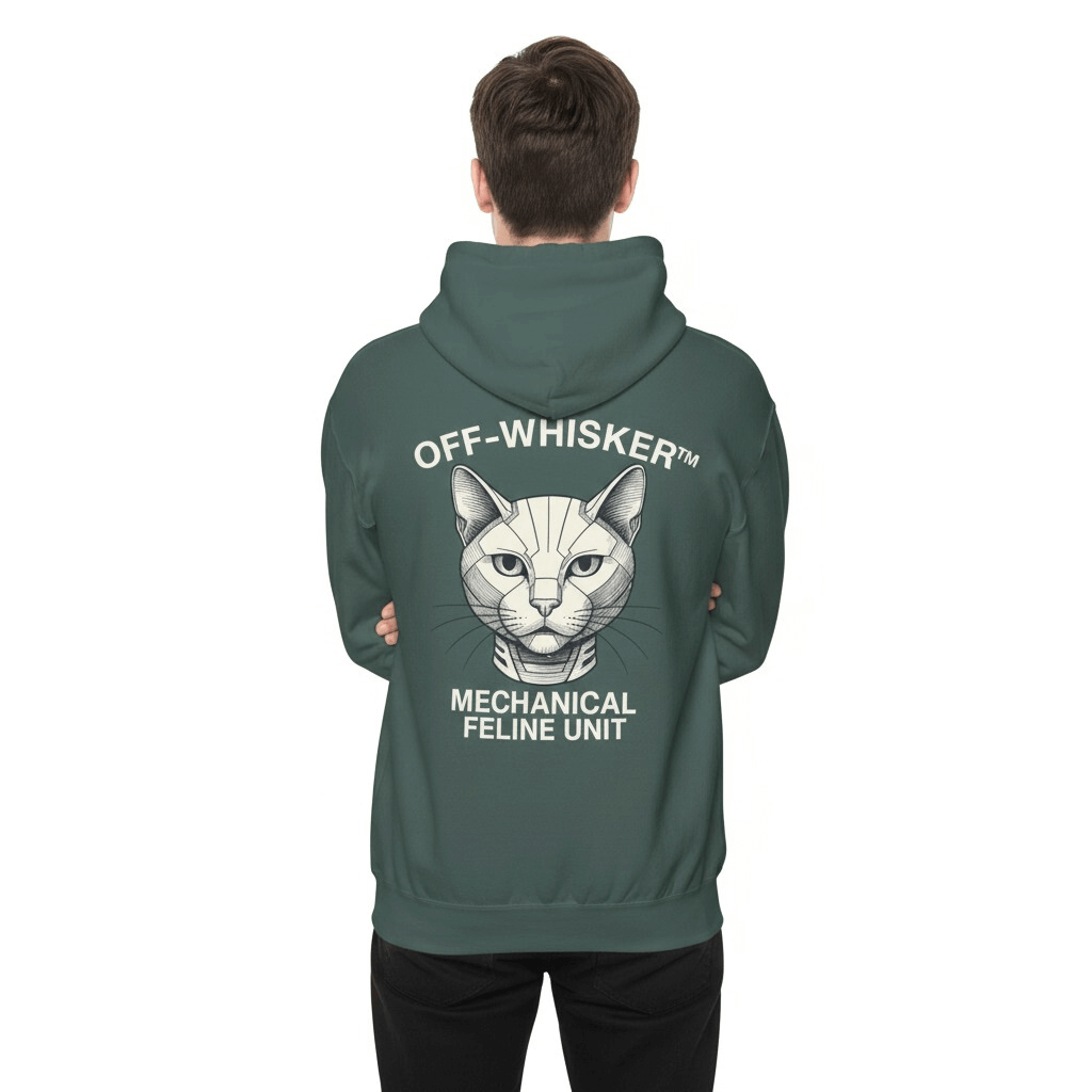 Off-Whisker Mechanical Feline Unit Cat Graphic Hoodie in blue spruce, back view on a male model