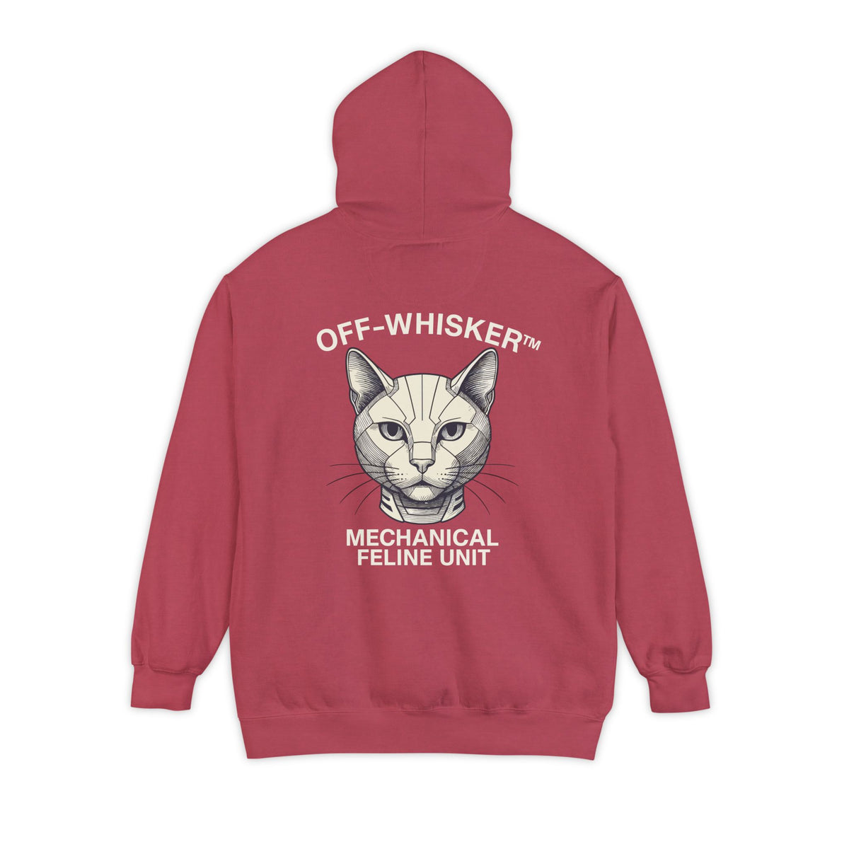 Off-Whisker Mechanical Feline Unit Cat Graphic Hoodie in crimson, back view