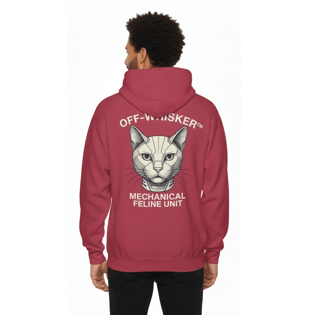 Off-Whisker Mechanical Feline Unit Cat Graphic Hoodie in crimson, back view on a male model