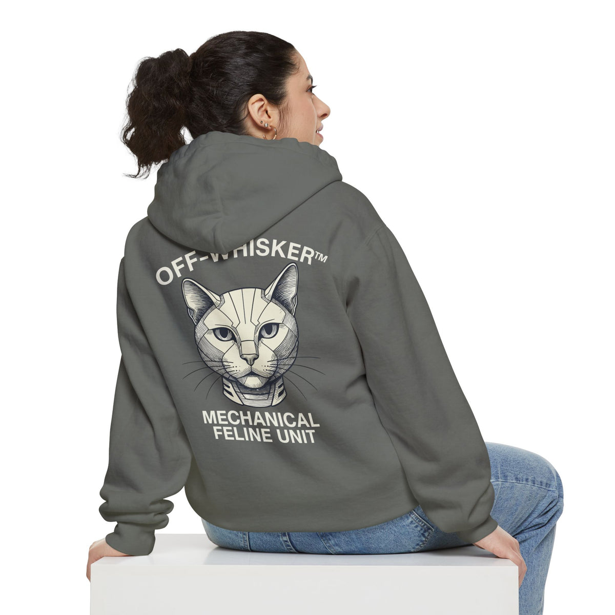 Off-Whisker Mechanical Feline Unit Cat Graphic Hoodie in grey, back view on a female model
