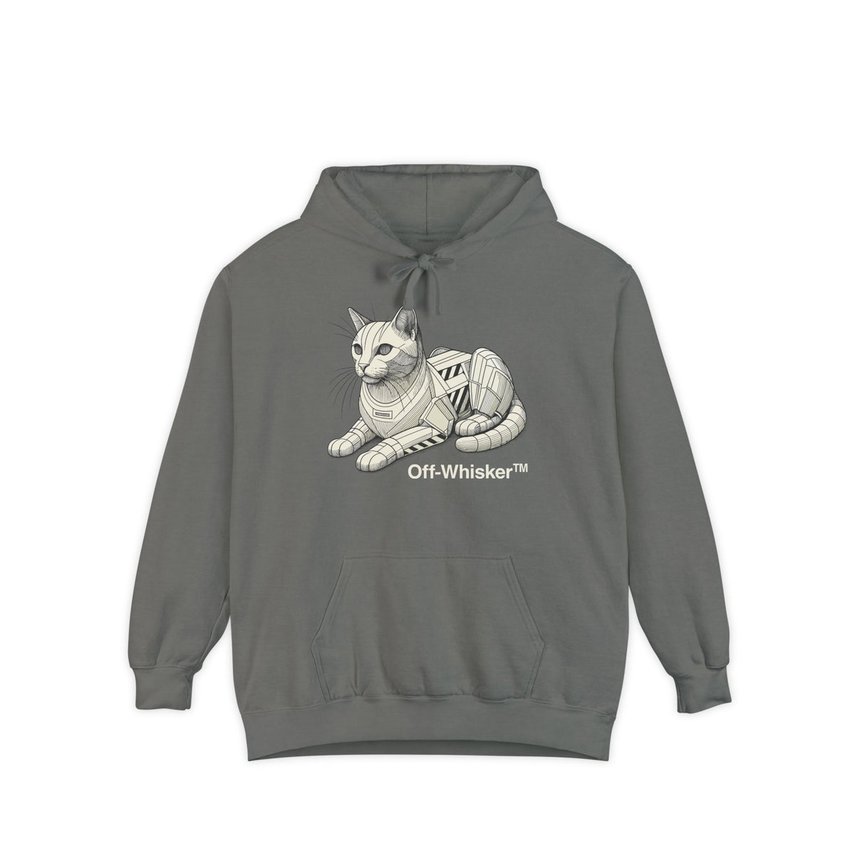 Off-Whisker Mechanical Feline Unit Cat Graphic Hoodie in grey, front view
