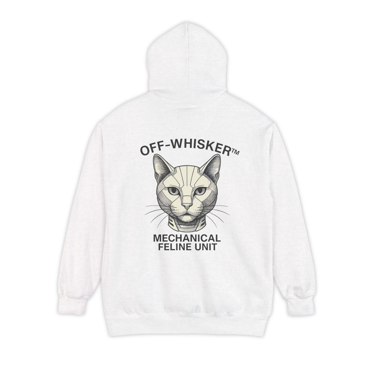 Off-Whisker Mechanical Feline Unit Cat Graphic Hoodie in white, back view