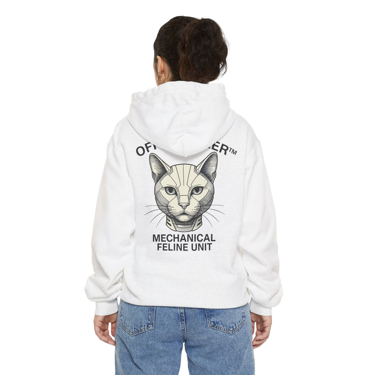 Off-Whisker Mechanical Feline Unit Cat Graphic Hoodie in white, back view on a female model