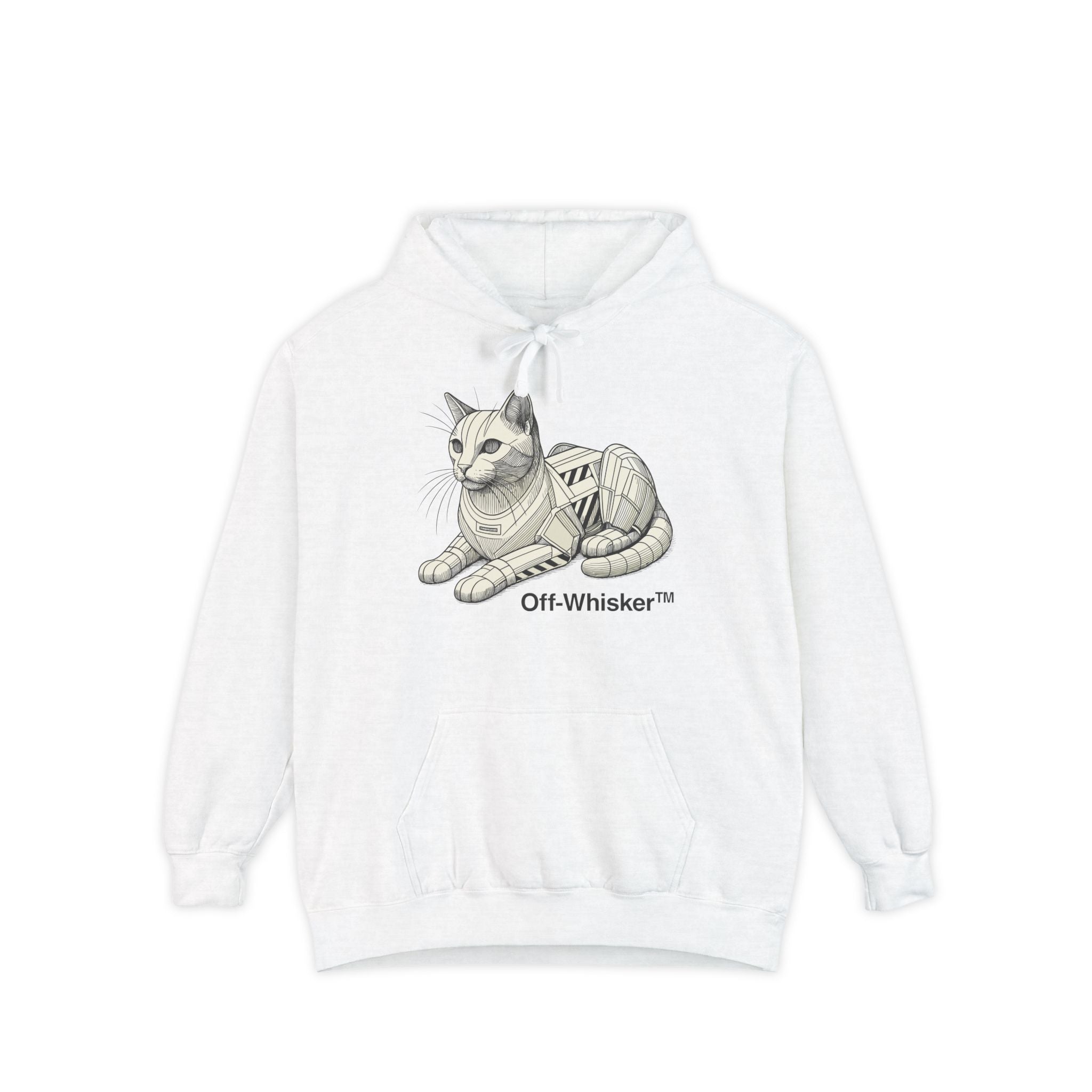 Off-Whisker Mechanical Feline Unit Cat Graphic Hoodie in white, front view
