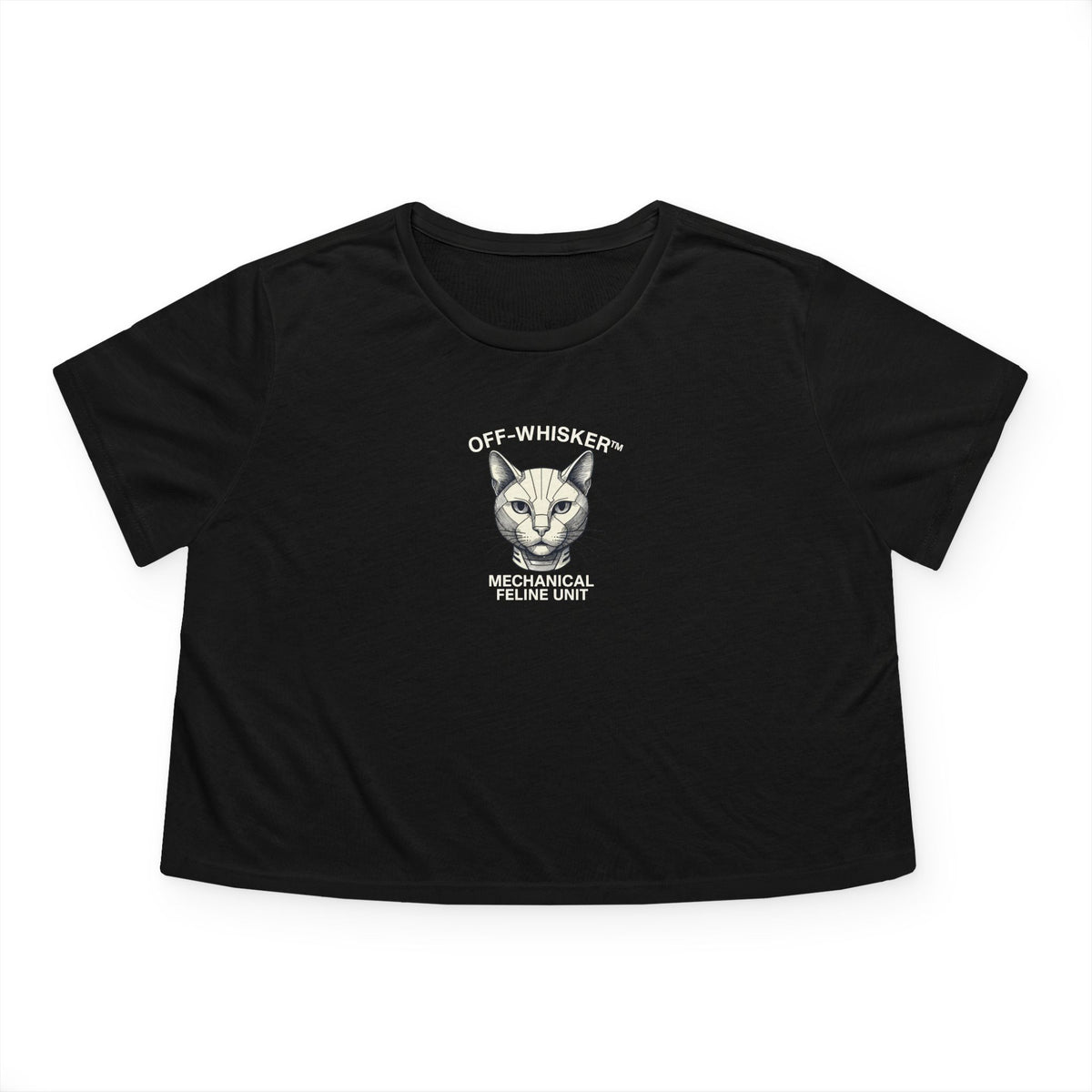 Off-Whisker Mechanical Feline Unit Graphic Women's Flowy Crop Top in black, front view