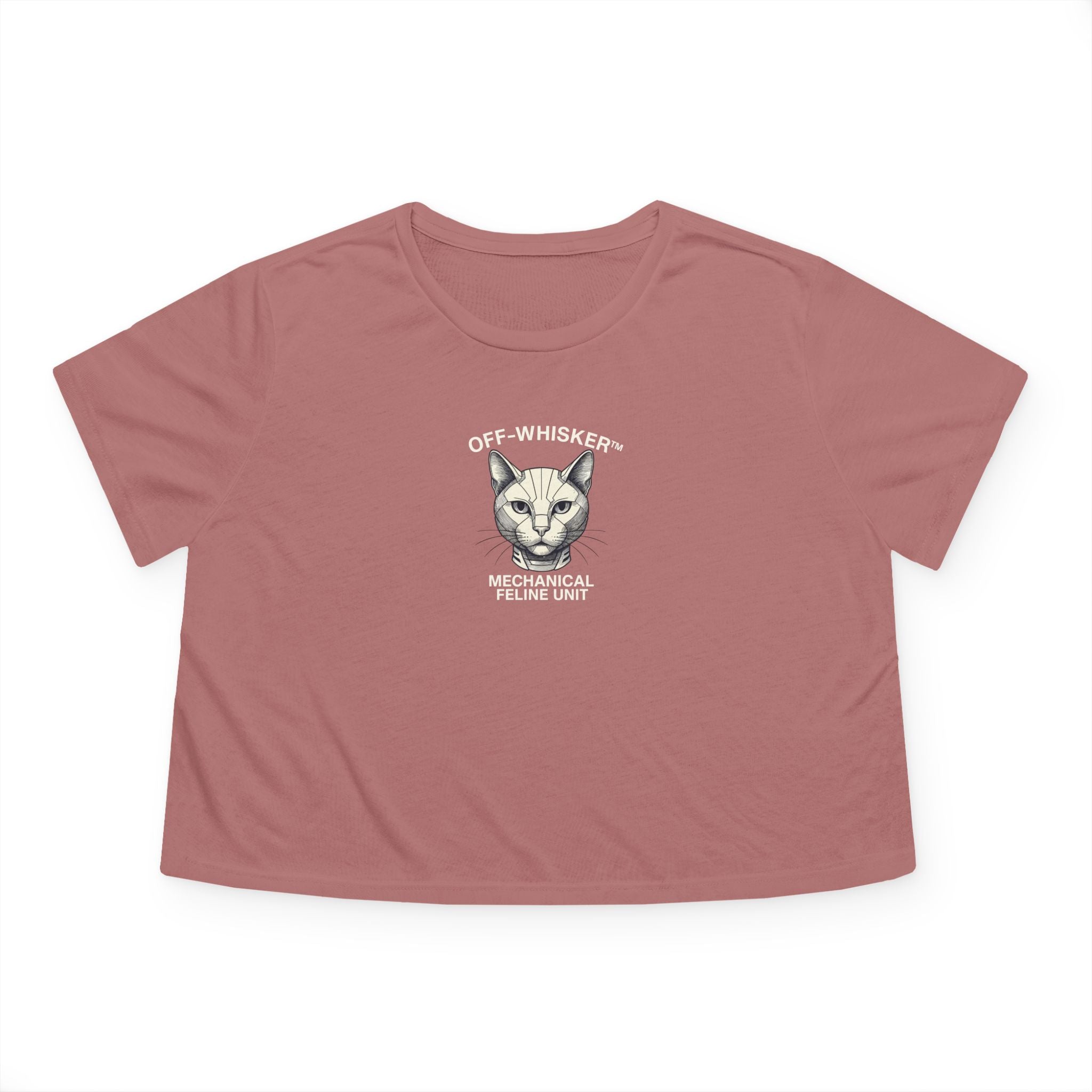 Off-Whisker Mechanical Feline Unit Graphic Women's Flowy Crop Top in mauve, front view