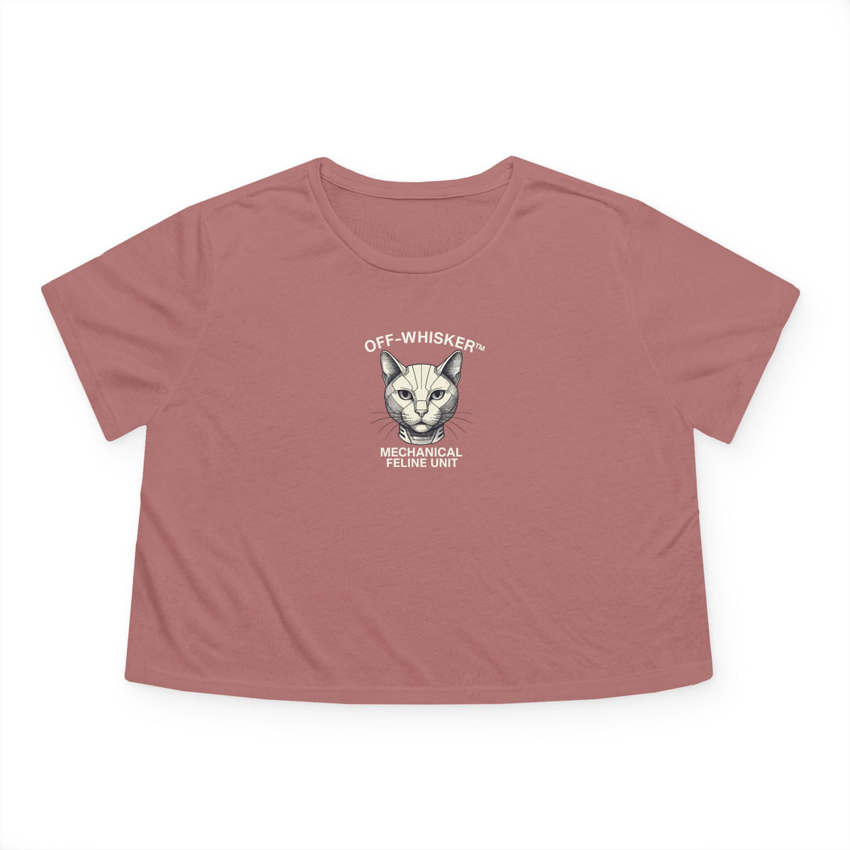 Off-Whisker Mechanical Feline Unit Graphic Women's Flowy Crop Top in mauve, front view