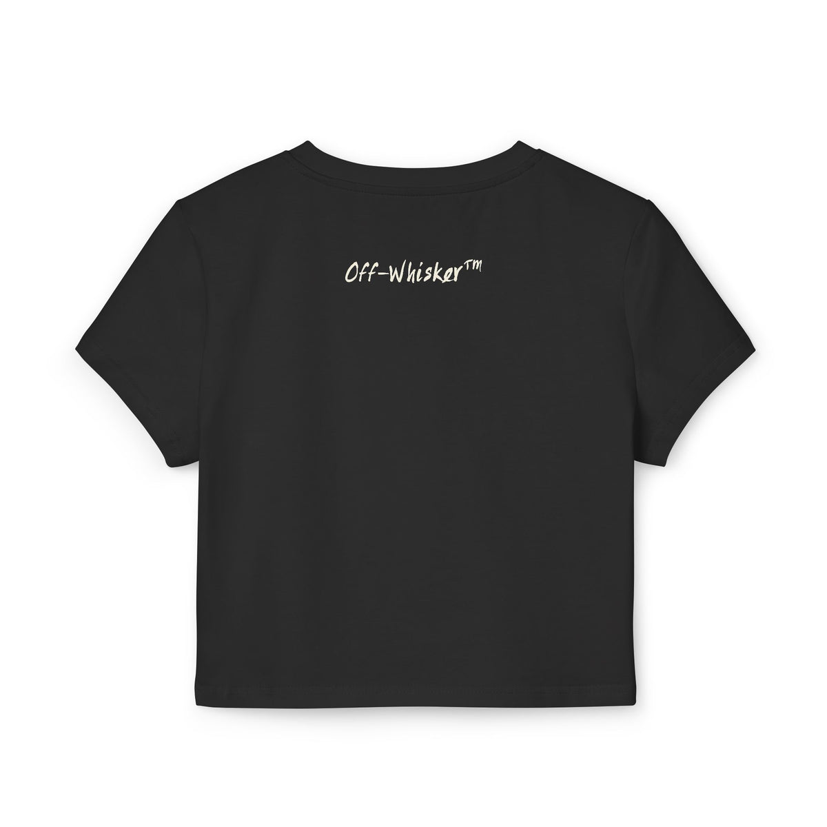 Off-Whisker Phantom Pounce Cat Graphic Women's Baby Tee in black, back view