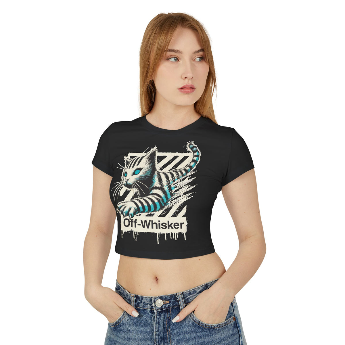 Off-Whisker Phantom Pounce Cat Graphic Women's Baby Tee in black, worn by a model