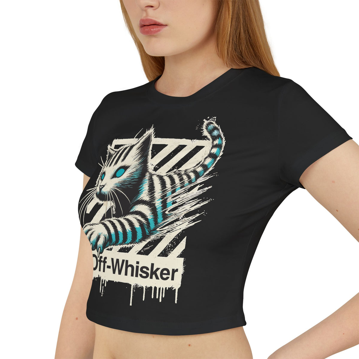 Off-Whisker Phantom Pounce Cat Graphic Women's Baby Tee in black, worn by a model