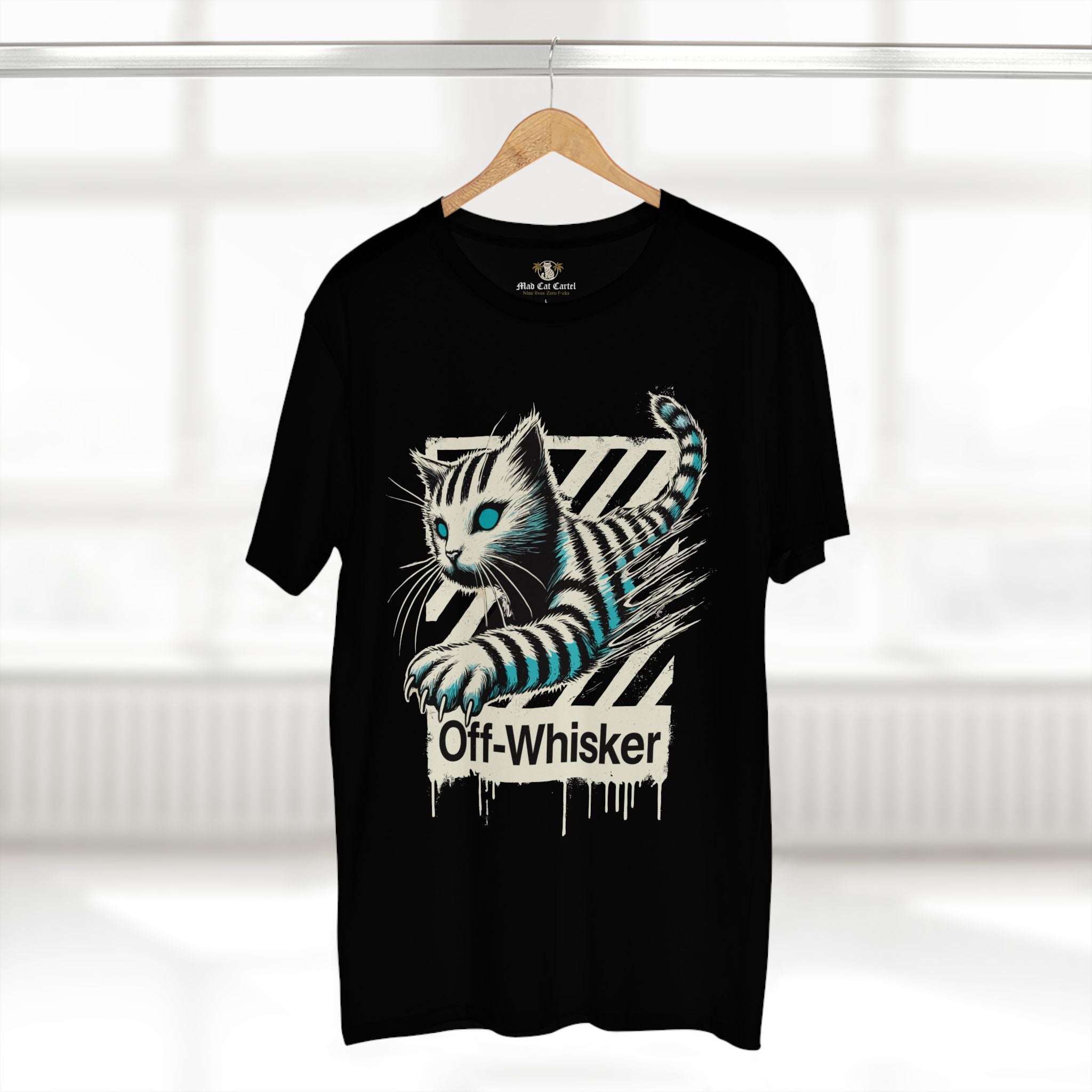 Off-Whisker Phantom Pounce Graphic T-Shirt in black, on a hanger
