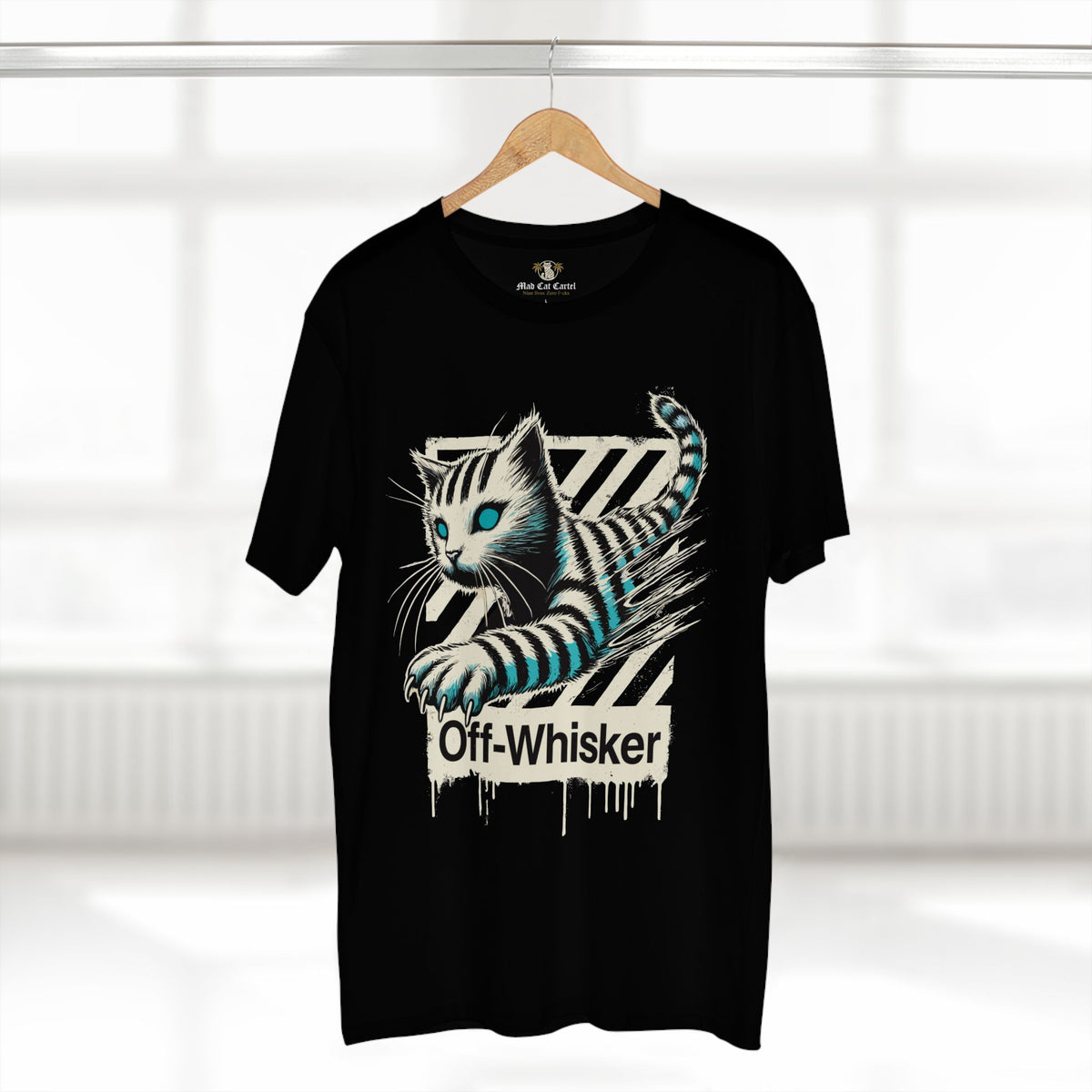 Off-Whisker Phantom Pounce Graphic T-Shirt in black, on a hanger