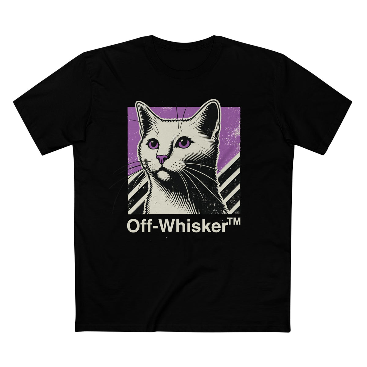 Off-Whisker Purple Vision Cat Graphic Black T-Shirt, front view