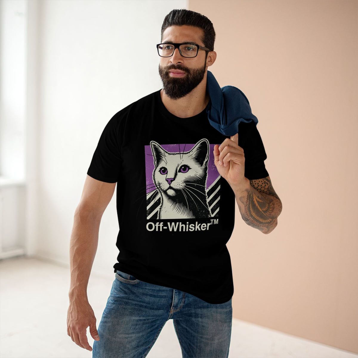 Off-Whisker Purple Vision Cat Graphic Black T-Shirt, worn by a male model