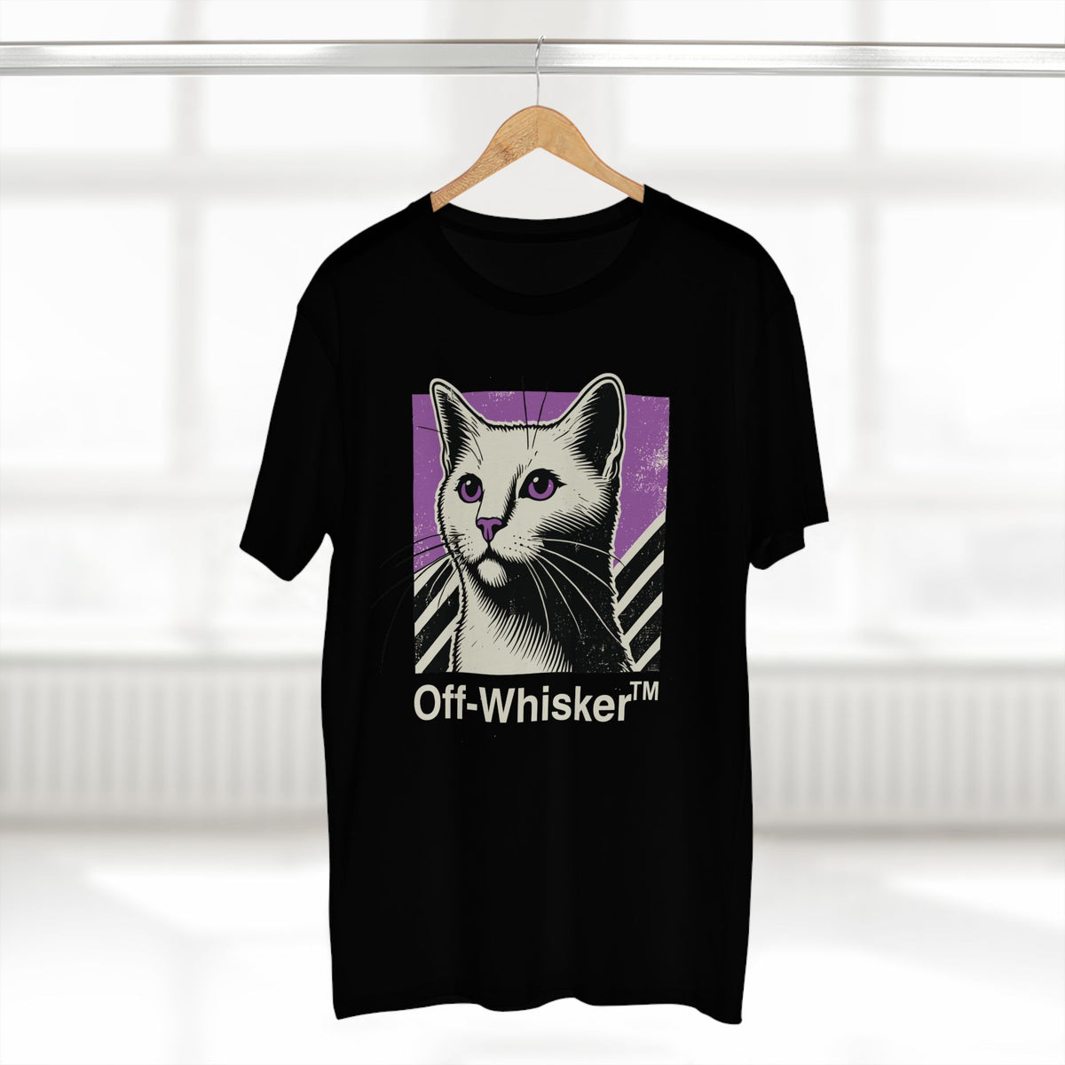 Off-Whisker Purple Vision Cat Graphic Black T-Shirt, on a hanger