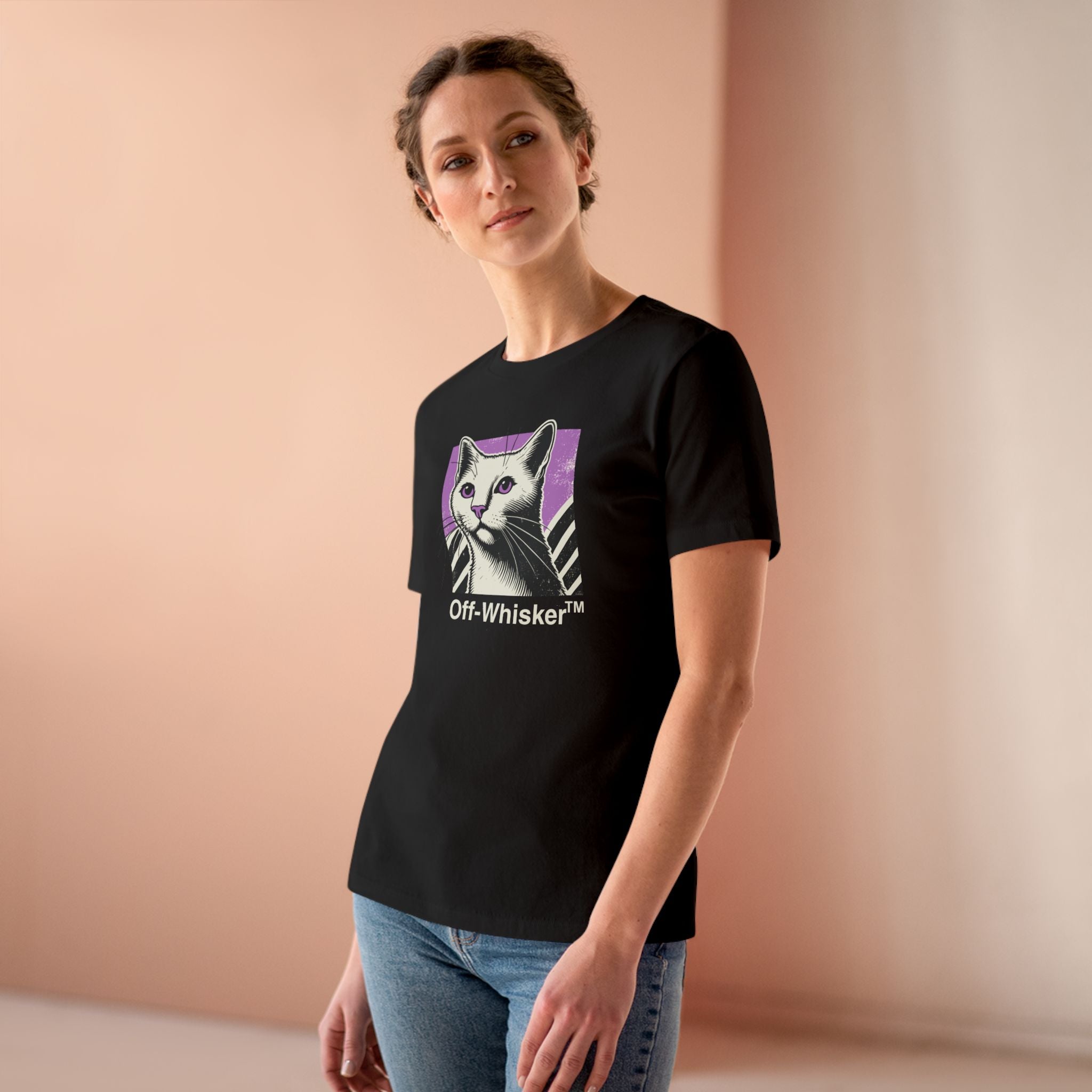 Off-Whisker Purple Vision Cat Graphic Women's T-Shirt in black, worn by a model