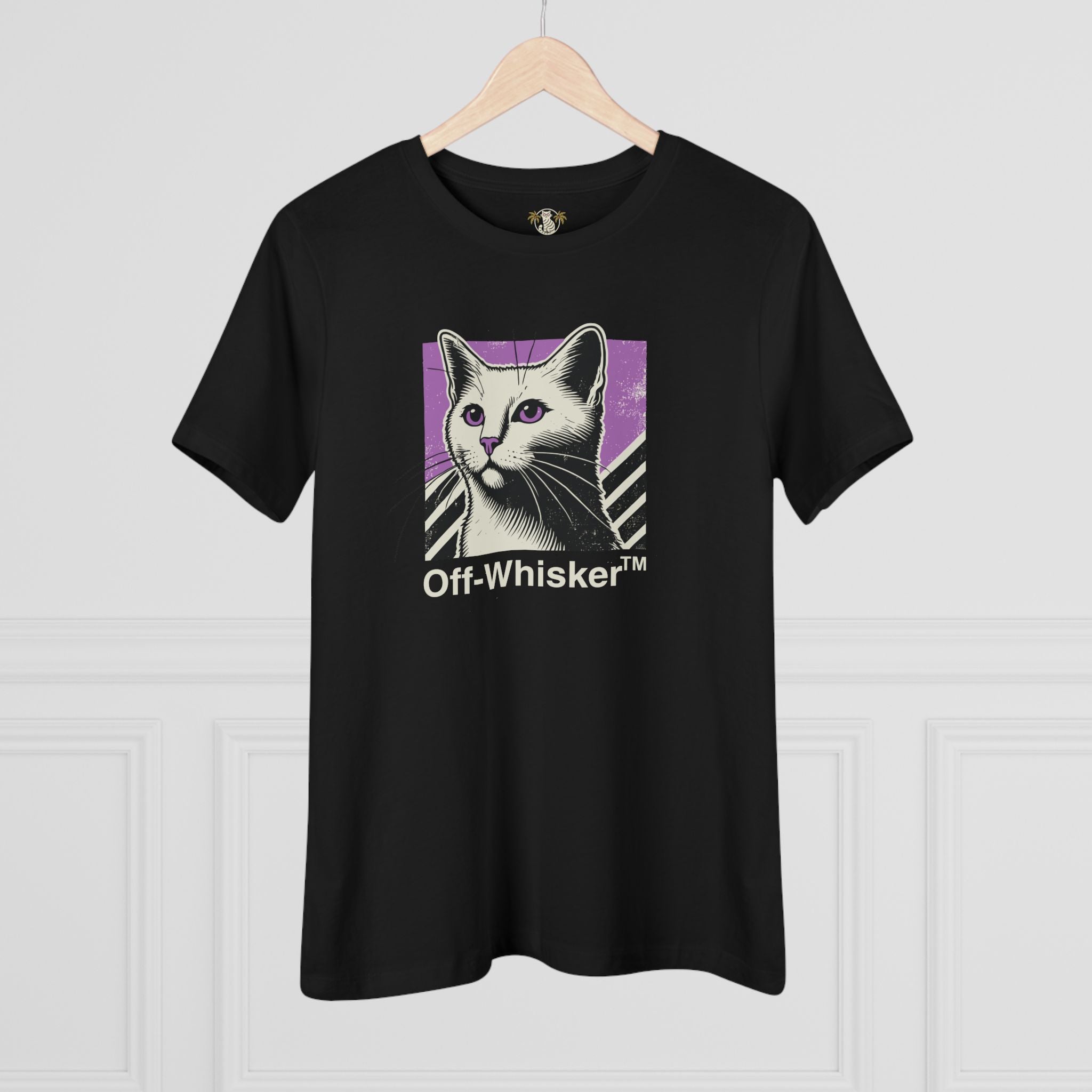 Off-Whisker Purple Vision Cat Graphic Women's T-Shirt in black, on a hanger