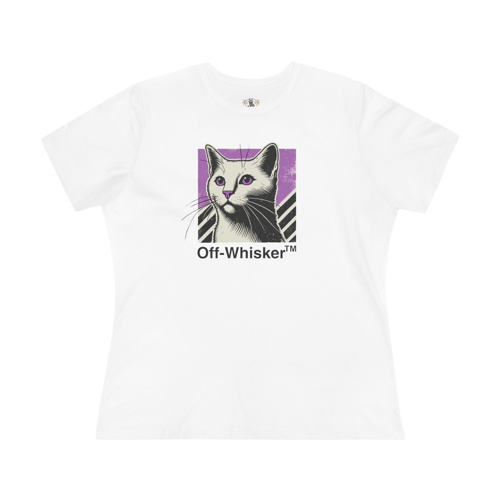 Off-Whisker Purple Vision Cat Graphic Women's T-Shirt in white, flat lay