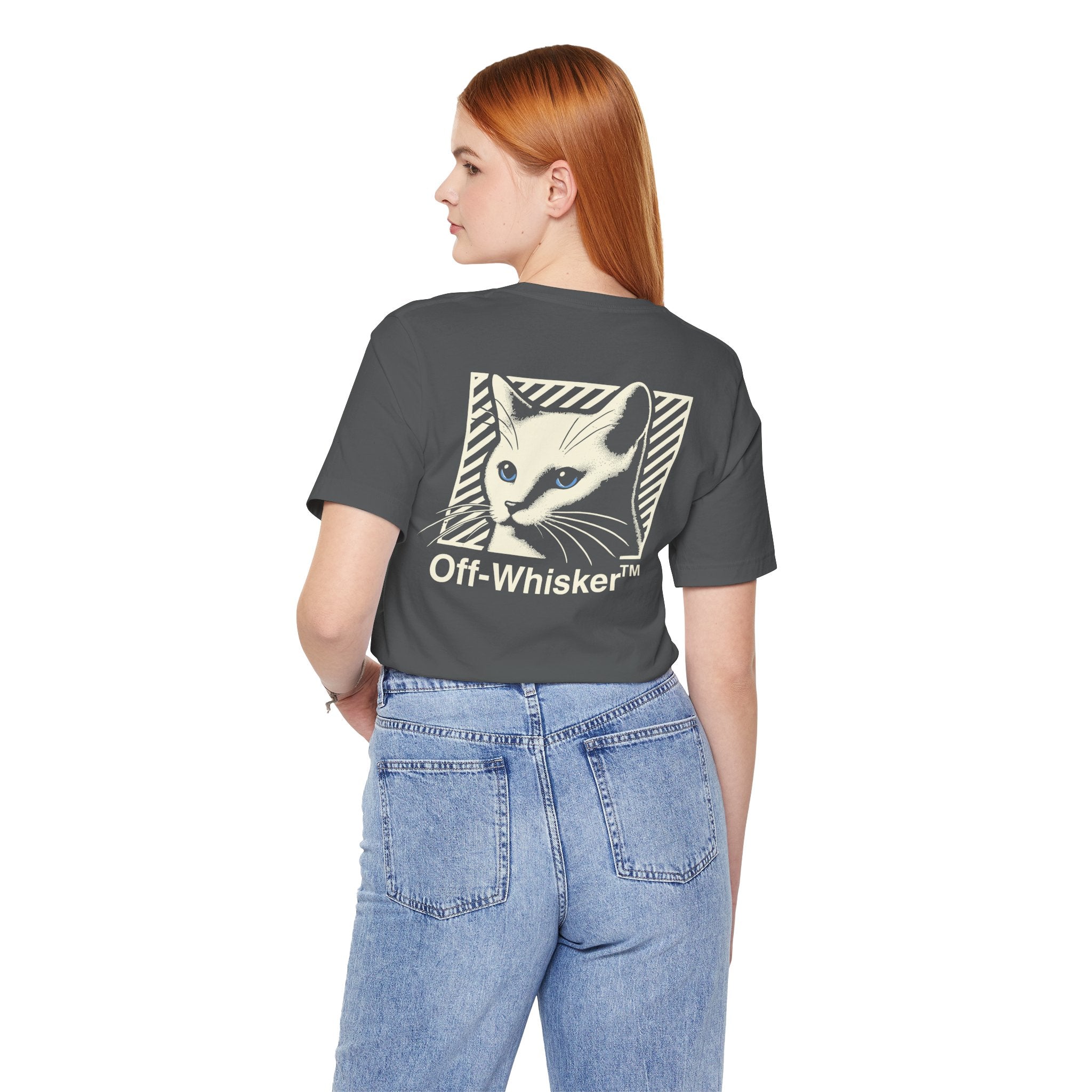 Off-Whisker Signature Frame Cat Graphic T-Shirt in asphalt, back view on a female model