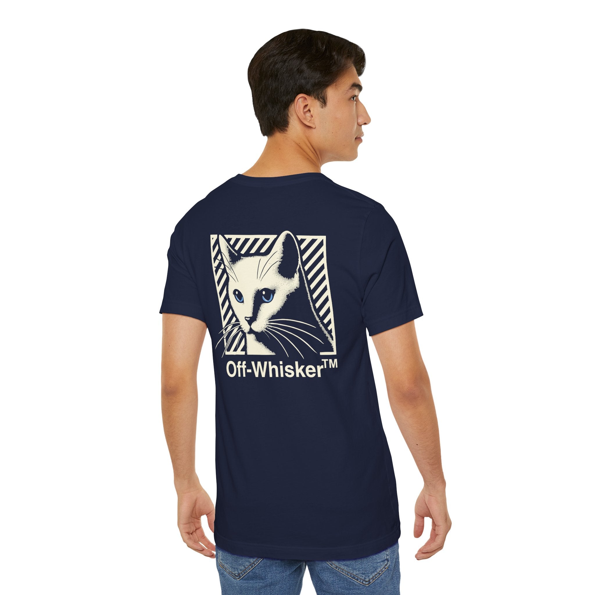Off-Whisker Signature Frame Cat Graphic T-Shirt in navy, back view on a male model