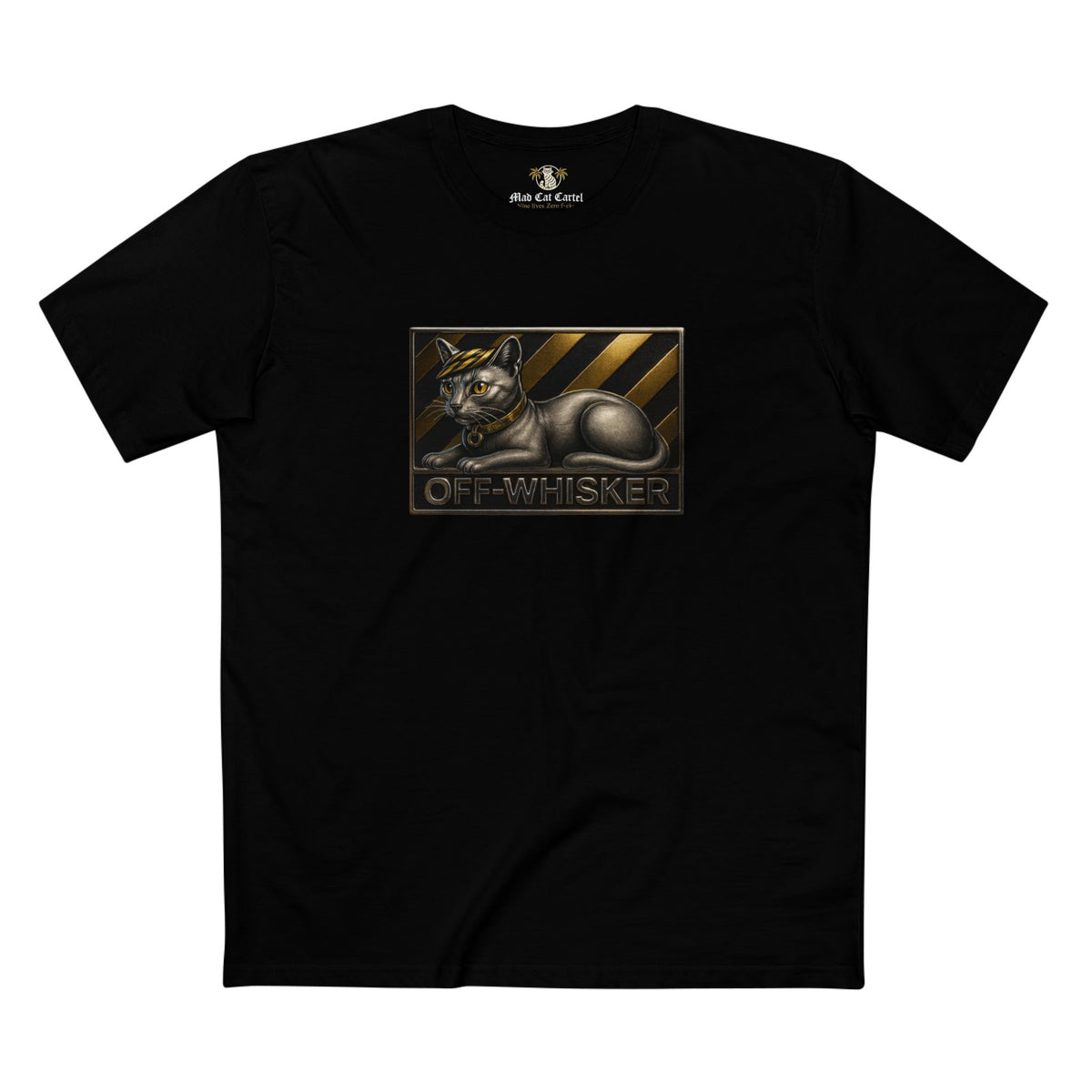 Off-Whisker Silver Cat Bronze Emblem Graphic T-Shirt in black, front view