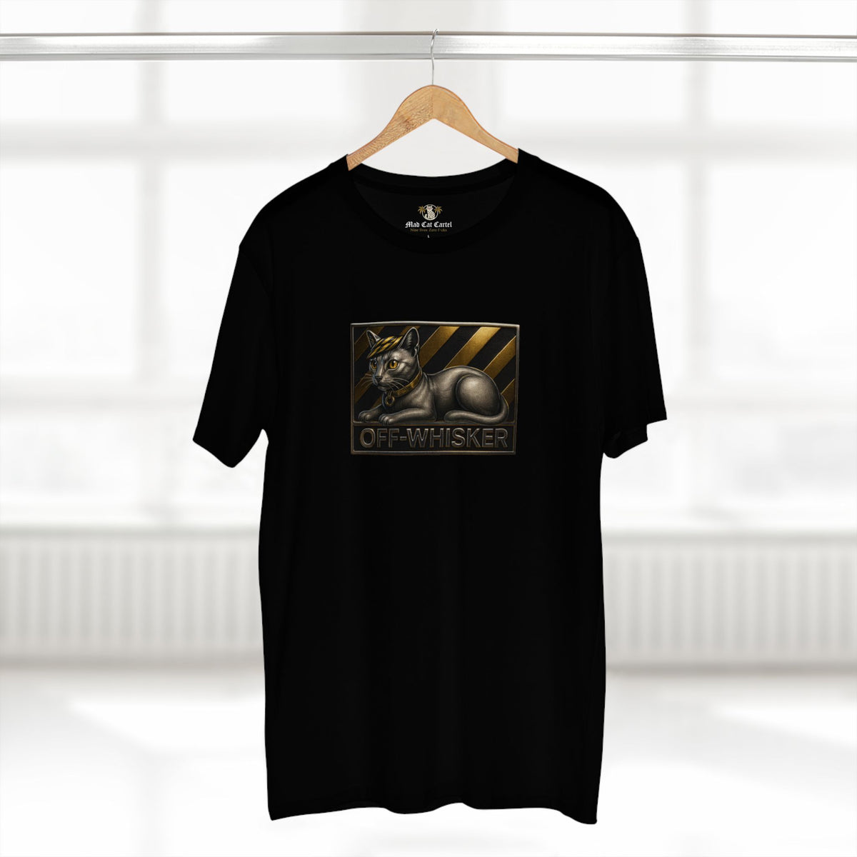 Off-Whisker Silver Cat Bronze Emblem Graphic T-Shirt in black, on a hanger