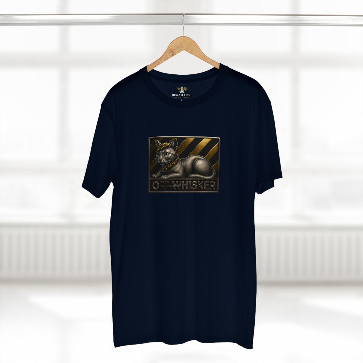 Off-Whisker Silver Cat Bronze Emblem Graphic T-Shirt in navy, on a hanger