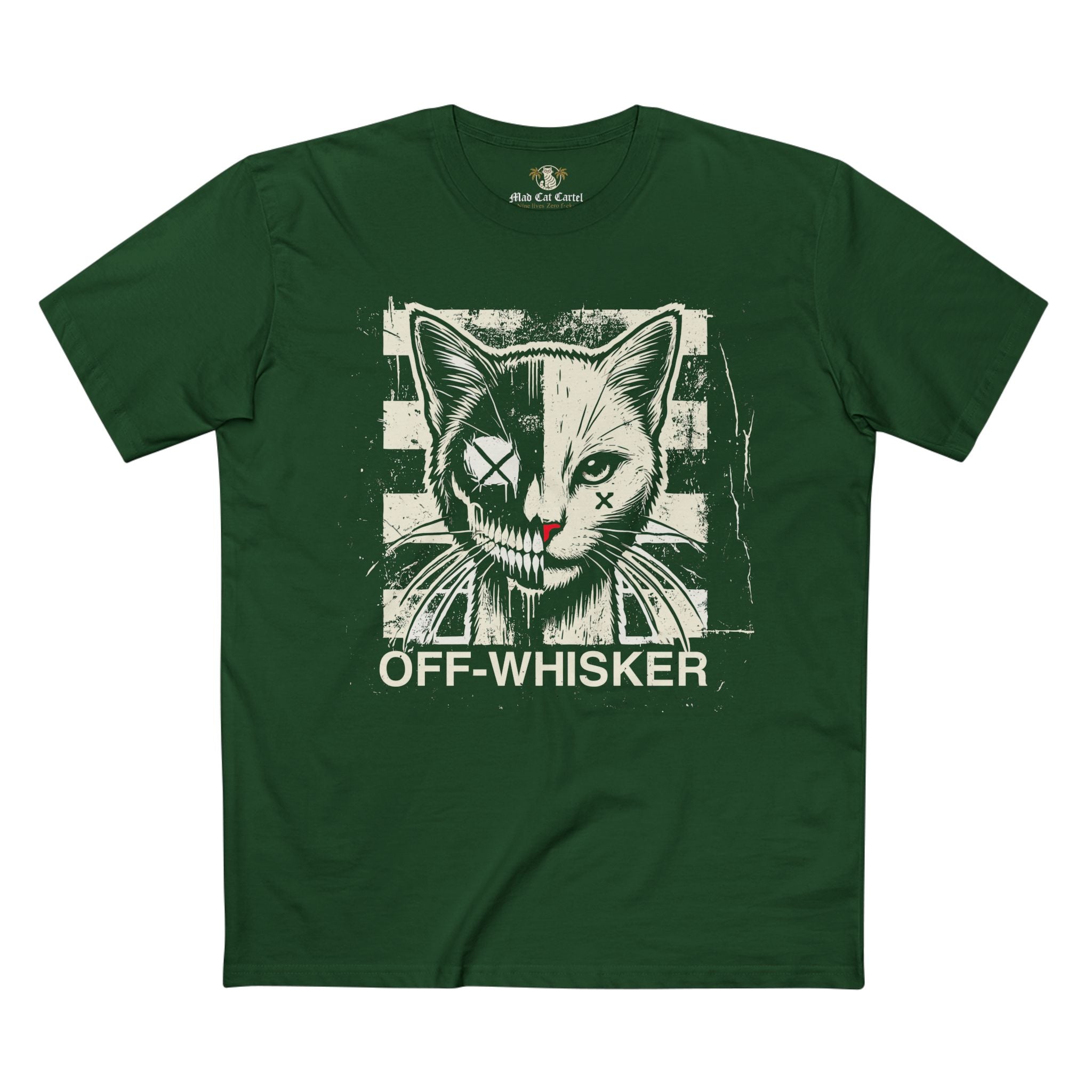 Off-Whisker Split Face Cat Graphic T-Shirt in forest green, front view