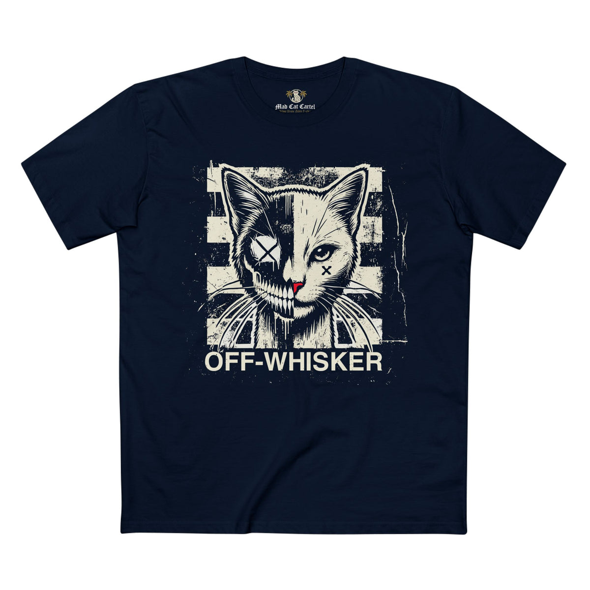Off-Whisker Split Face Cat Graphic T-Shirt in navy, front view