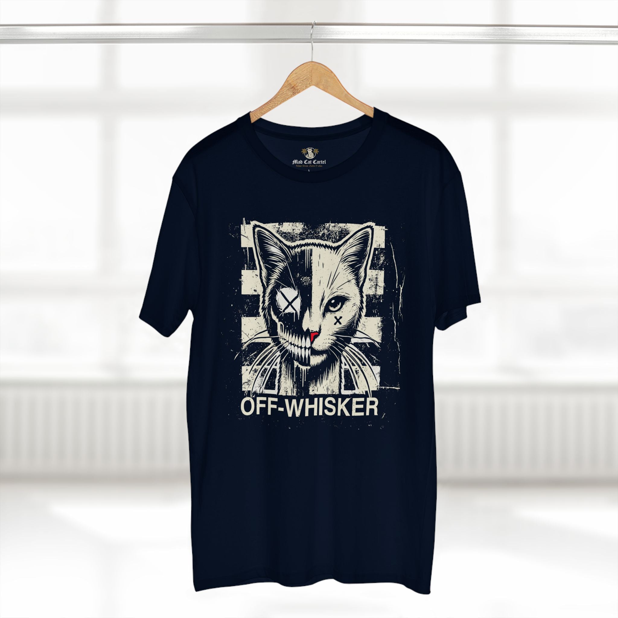Off-Whisker Split Face Cat Graphic T-Shirt in navy, on a hanger