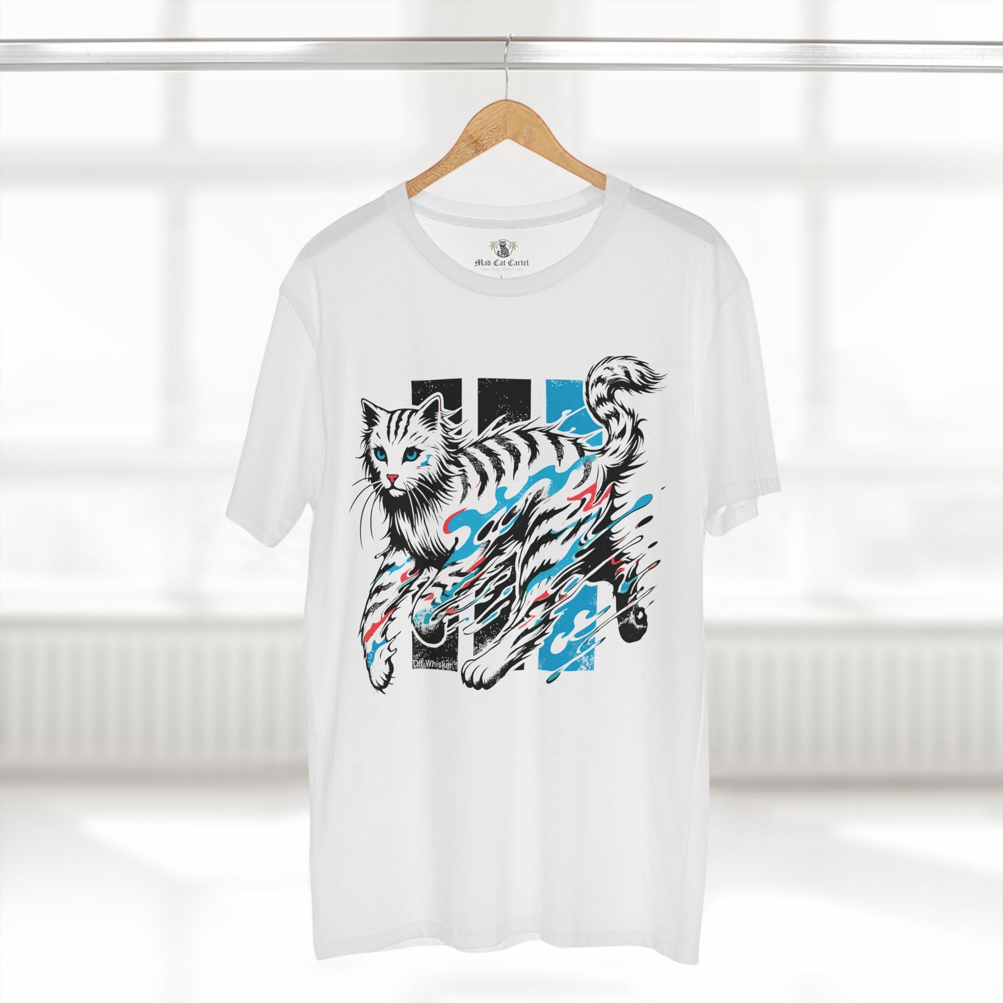 Off-Whisker Yokai Flame Cat Graphic White T-Shirt, on a hanger