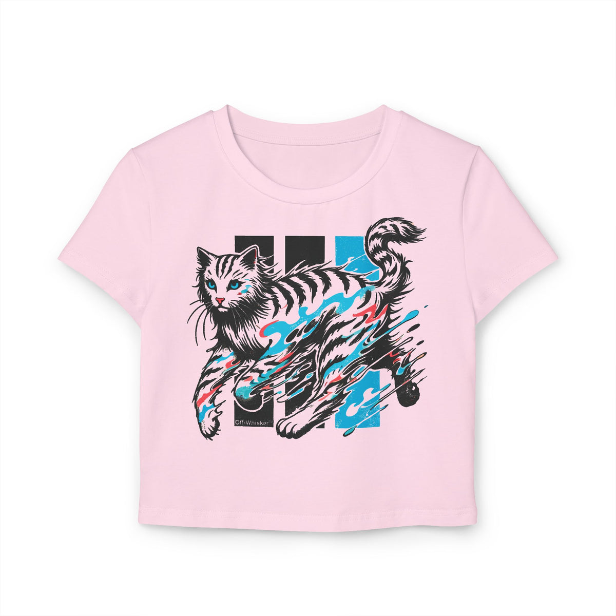 Off-Whisker Yokai Flame Cat Graphic Women's Baby Tee in light pink, front view