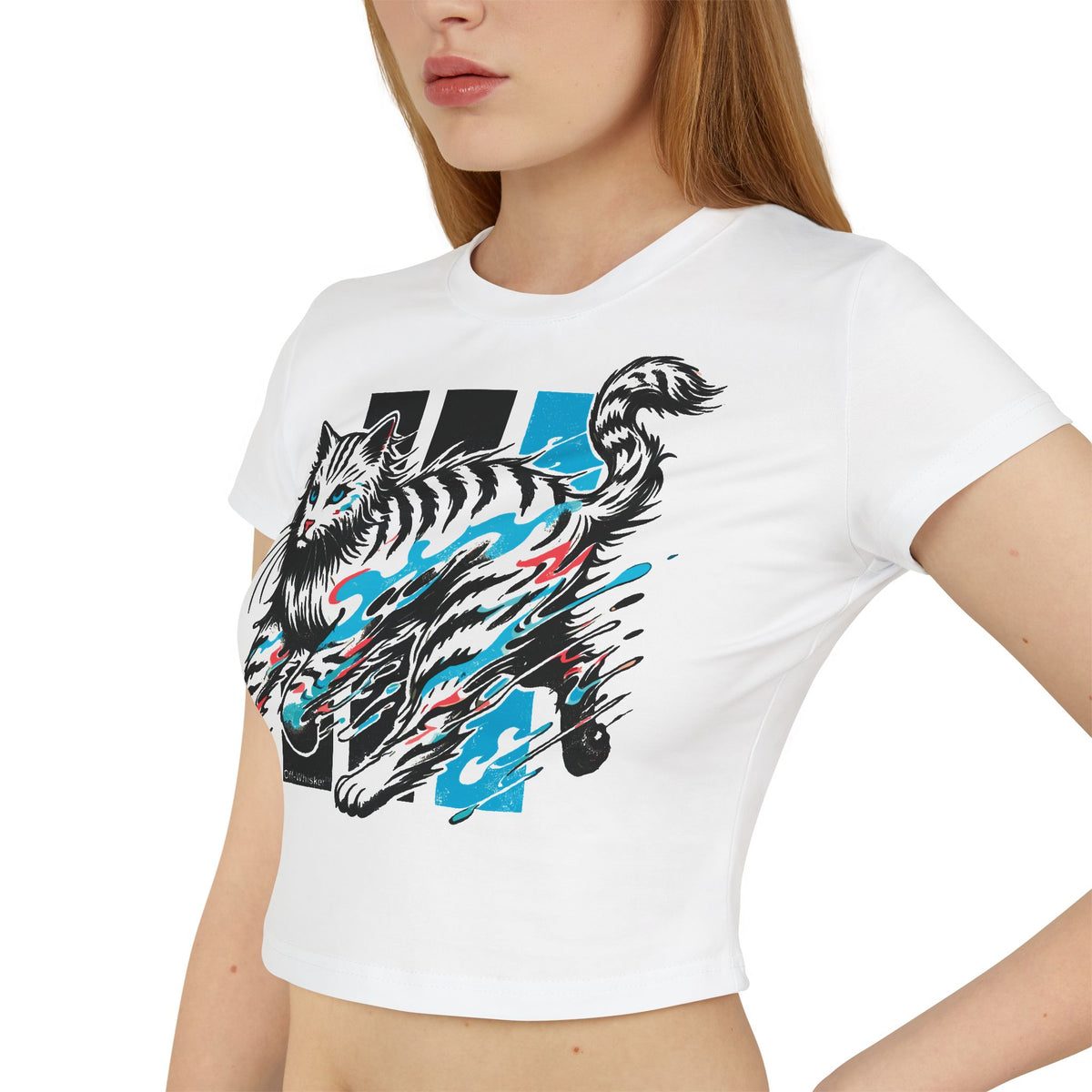 Off-Whisker Yokai Flame Cat Graphic Women's Baby Tee in white, worn by a model