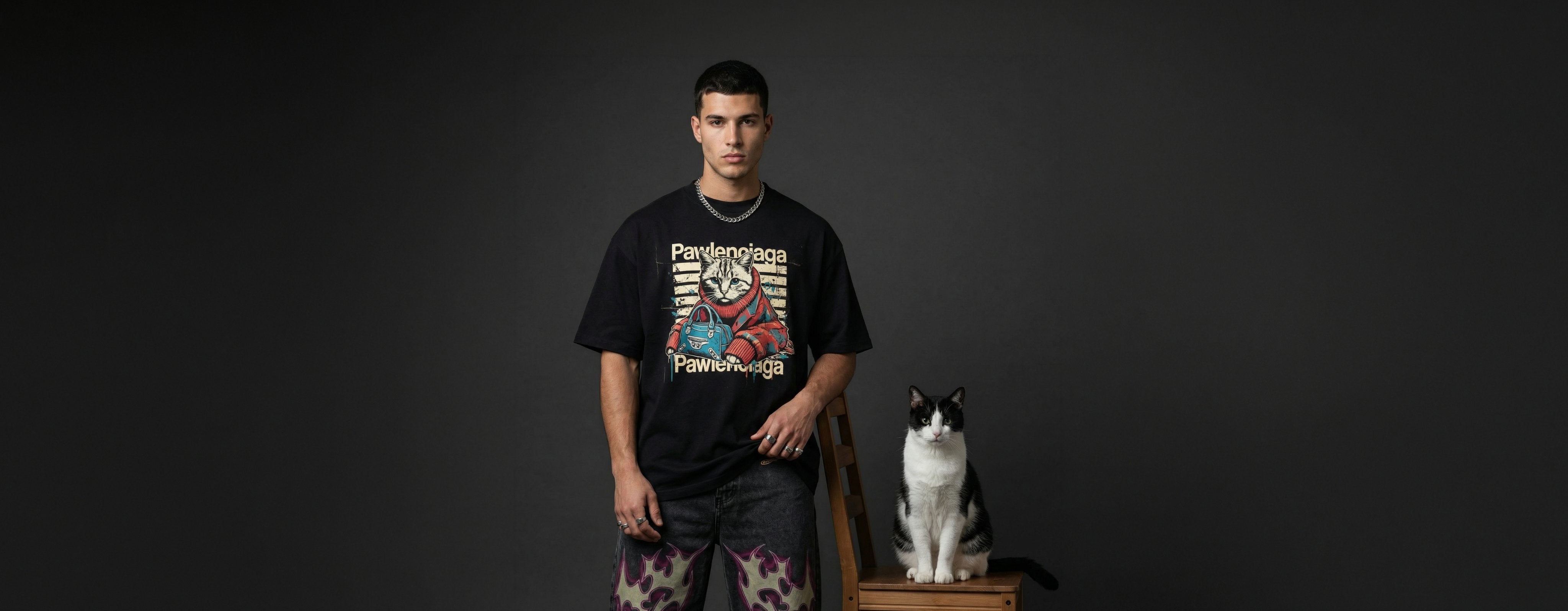 man wearing an oversized black cat t shirt with Pawlenciaga graphic print beside a black and white cat, desktop banner image