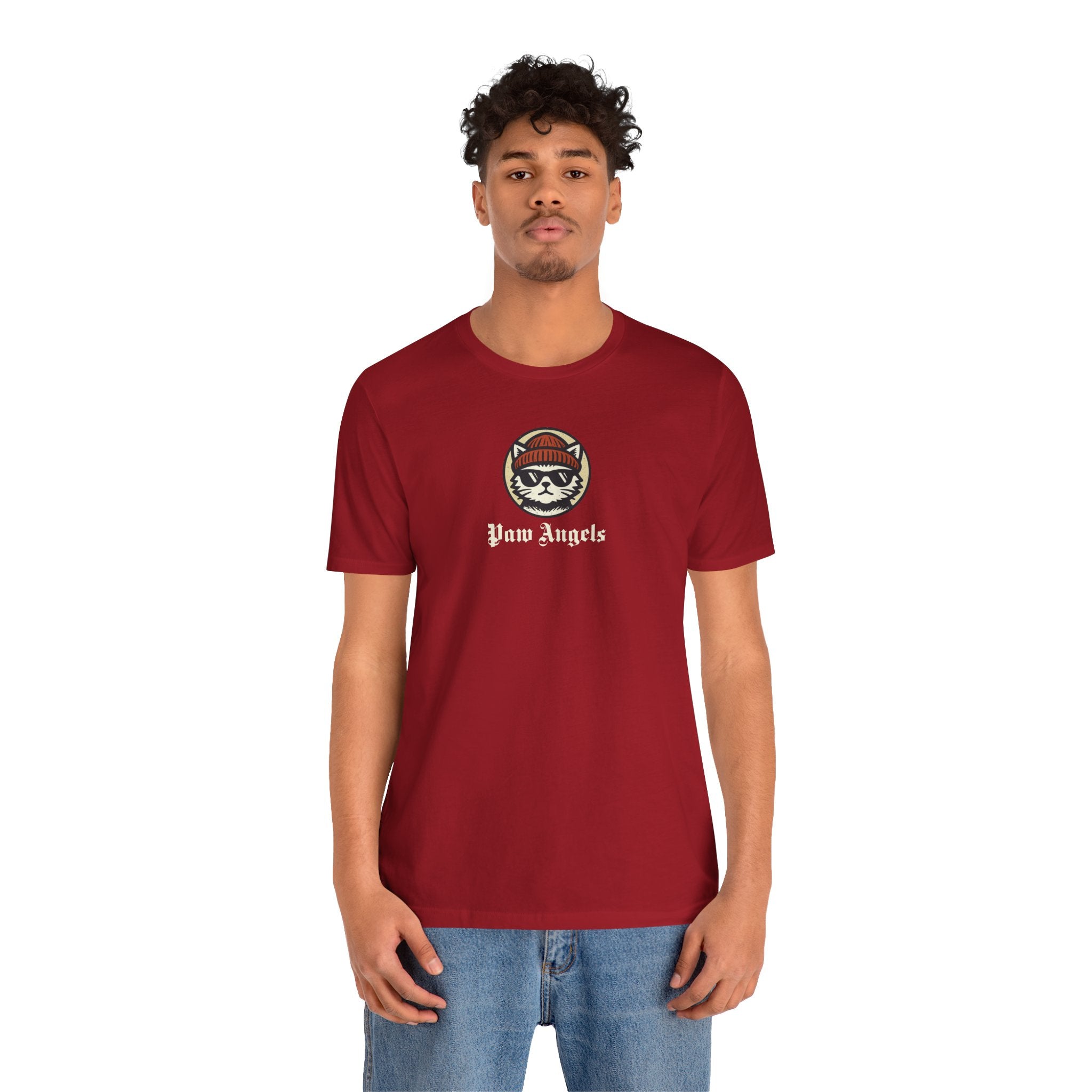 Paw Angels Born to Fly Street Angel Cat T-Shirt in canvas red, worn by a male model