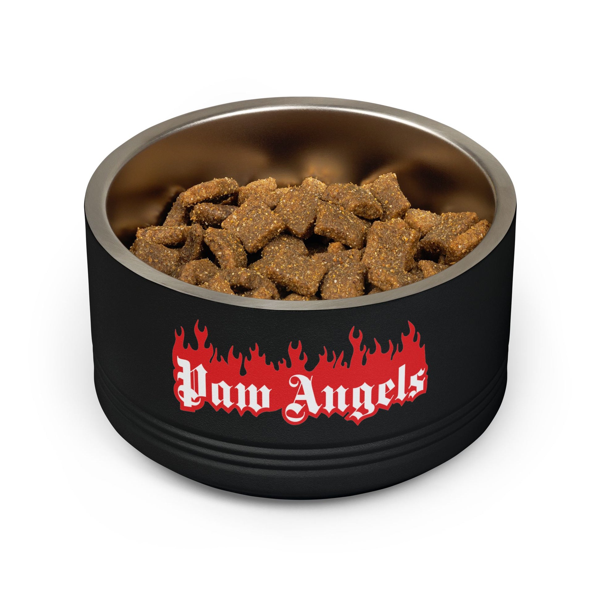 black stainless steel cat bowl with Paw Angels flame logo and kibble