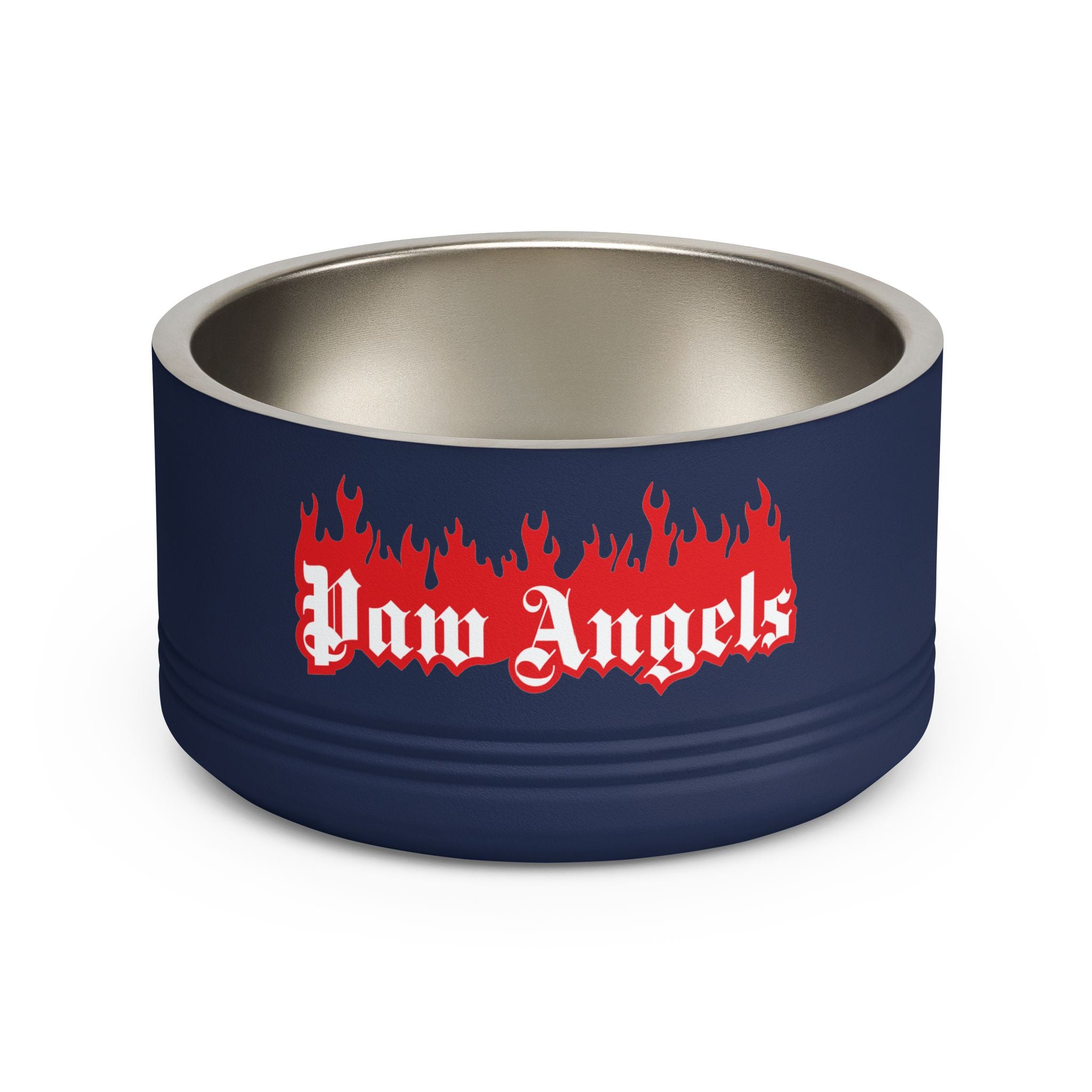 Paw Angels Flame Logo Designer Stainless Steel Cat Bowl in navy, front view