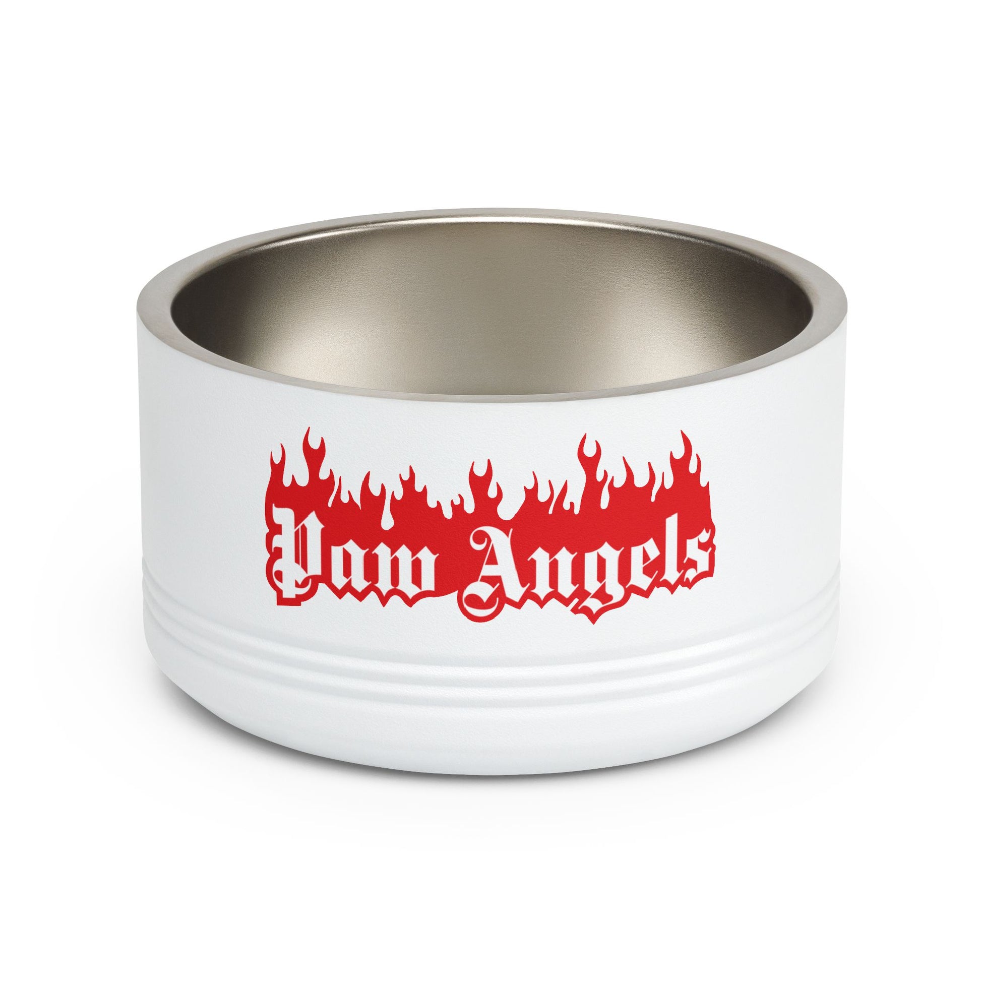 white designer cat bowl with Paw Angels flame logo stainless steel