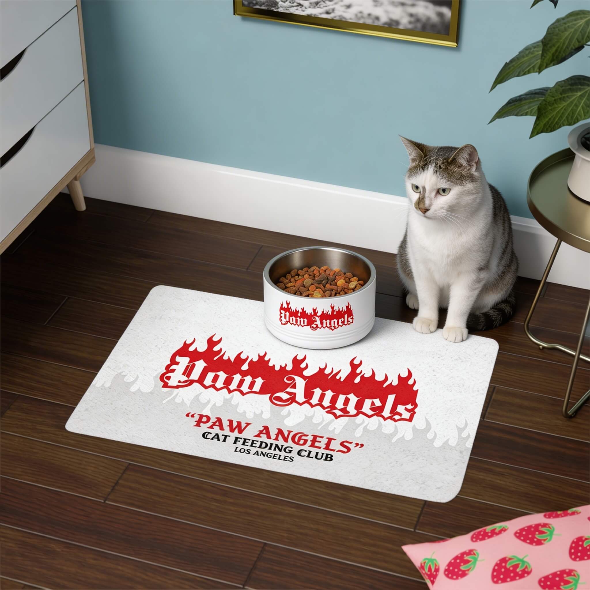 Paw Angels designer cat feeding mat with food bowl in a modern home interior
