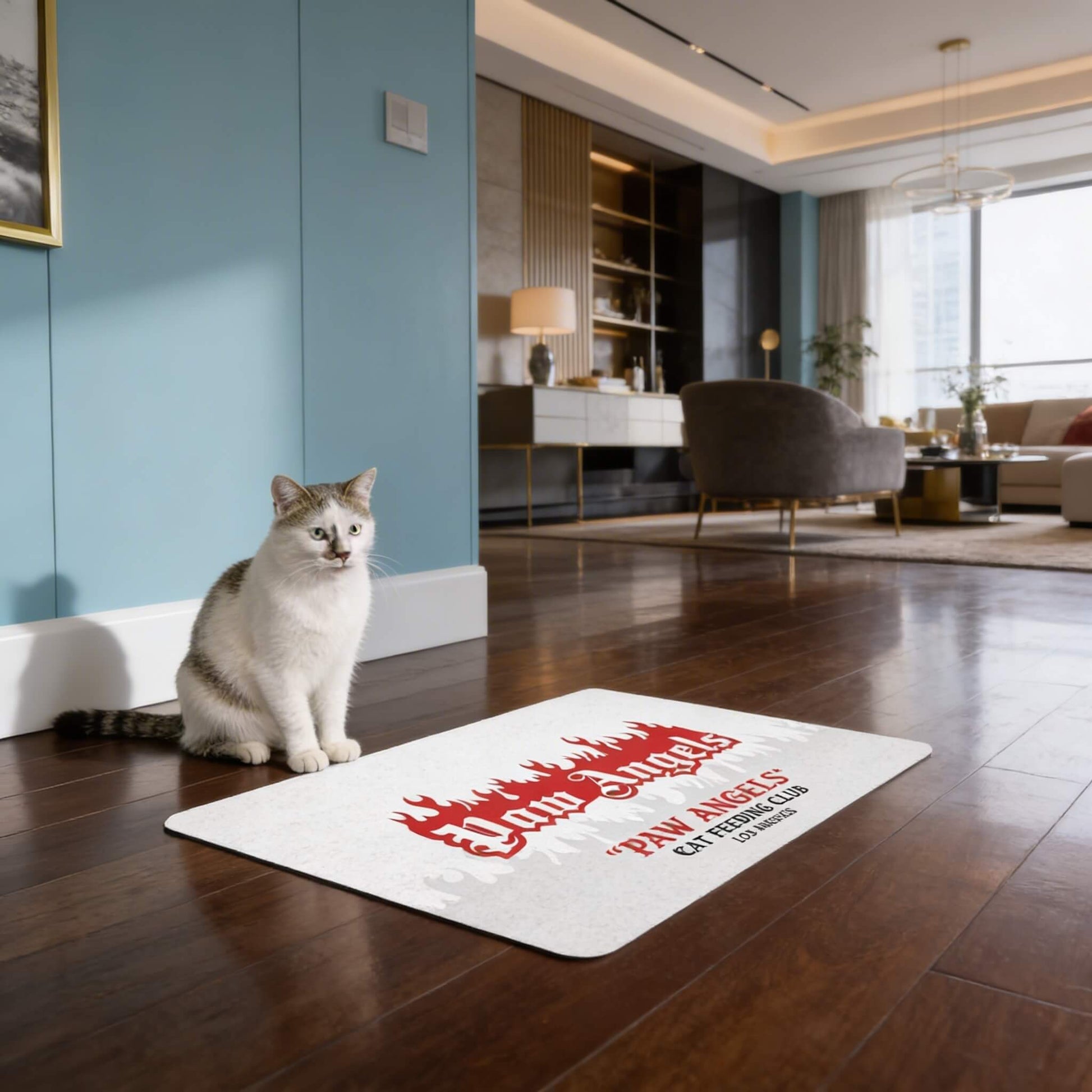 Designer cat bowl mat with Paw Angels Cat Feeding Club artwork in a clean living space