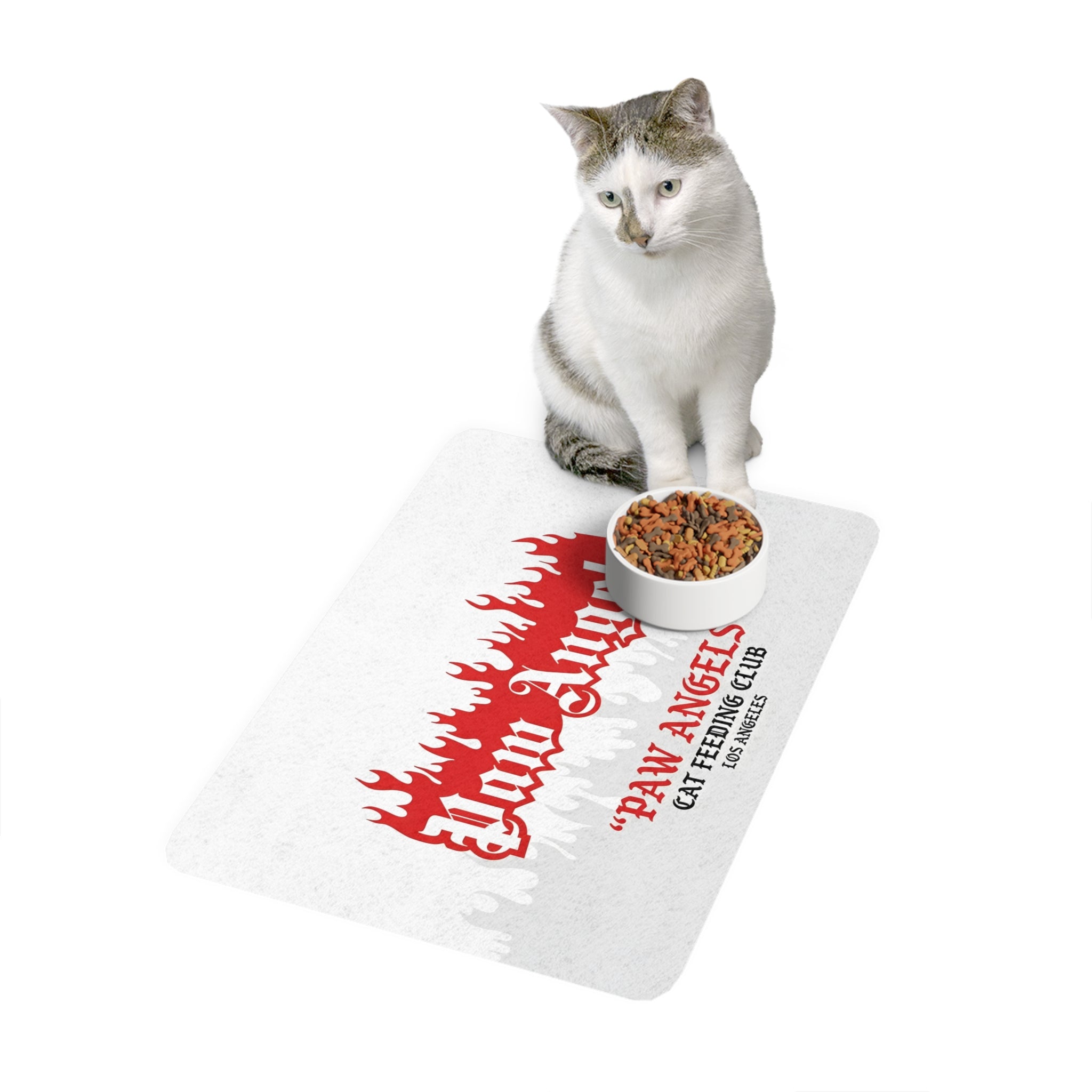 Paw Angels white bowl mat with cat and kibble bowl featuring flame design